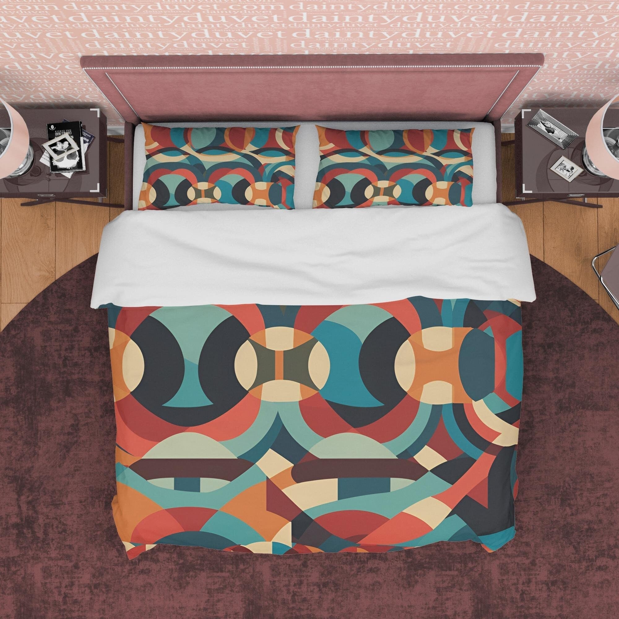 Mid Century Modern Geometric Duvet Cover, Retro Bedding Set, Colorful Circle Pattern Quilt Cover, Round Green Bedspread, Zipper Bedding