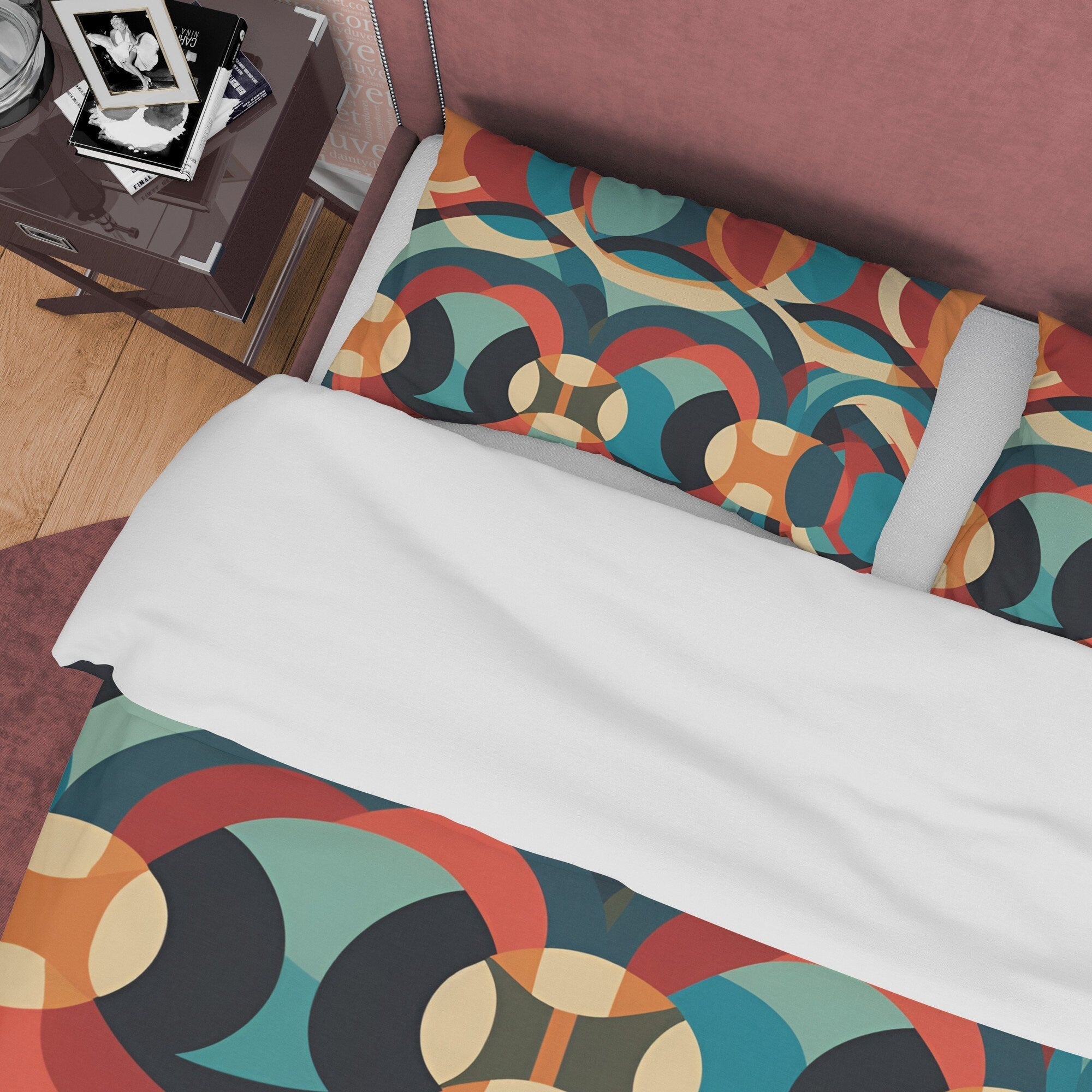 Mid Century Modern Geometric Duvet Cover, Retro Bedding Set, Colorful Circle Pattern Quilt Cover, Round Green Bedspread, Zipper Bedding