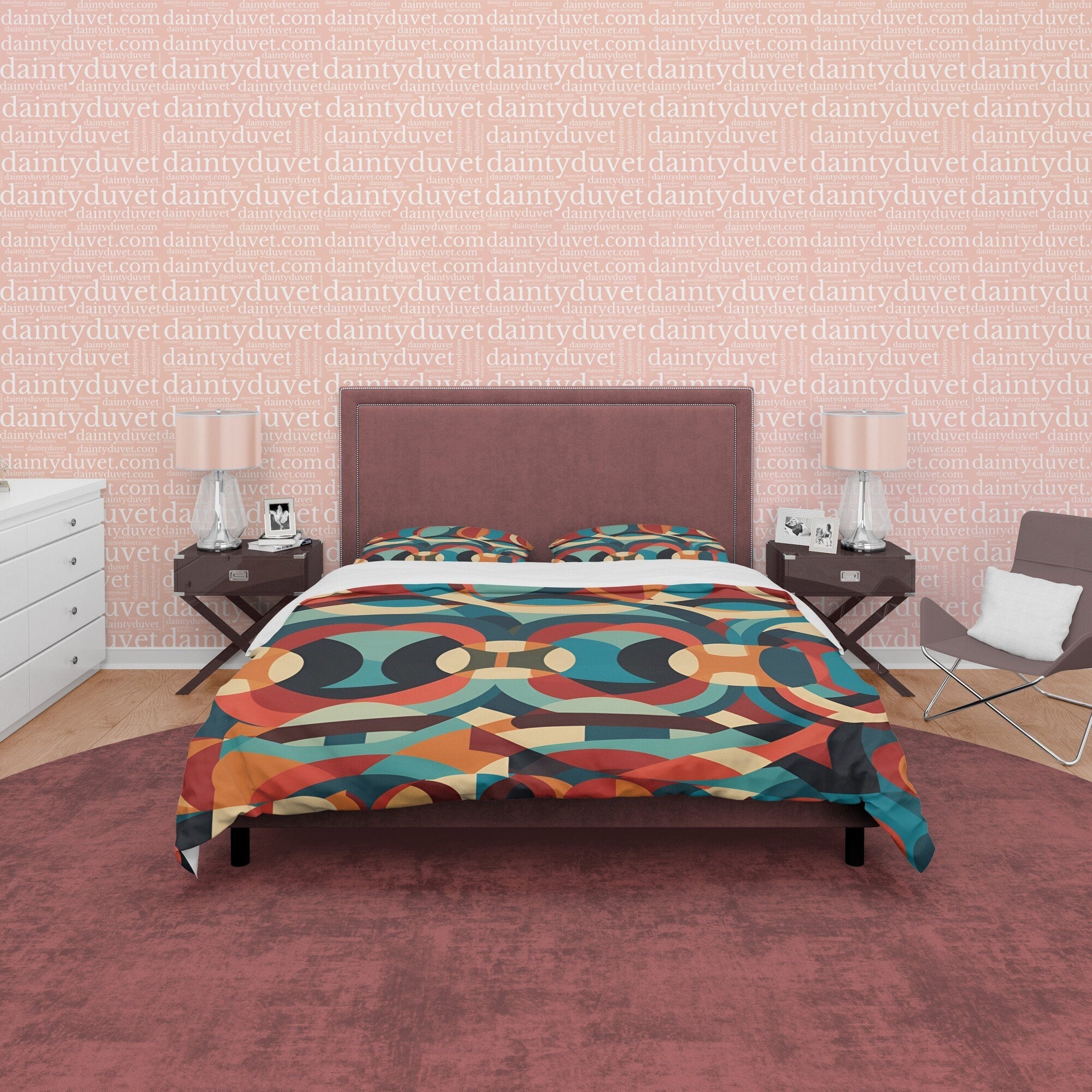 Mid Century Modern Geometric Duvet Cover, Retro Bedding Set, Colorful Circle Pattern Quilt Cover, Round Green Bedspread, Zipper Bedding