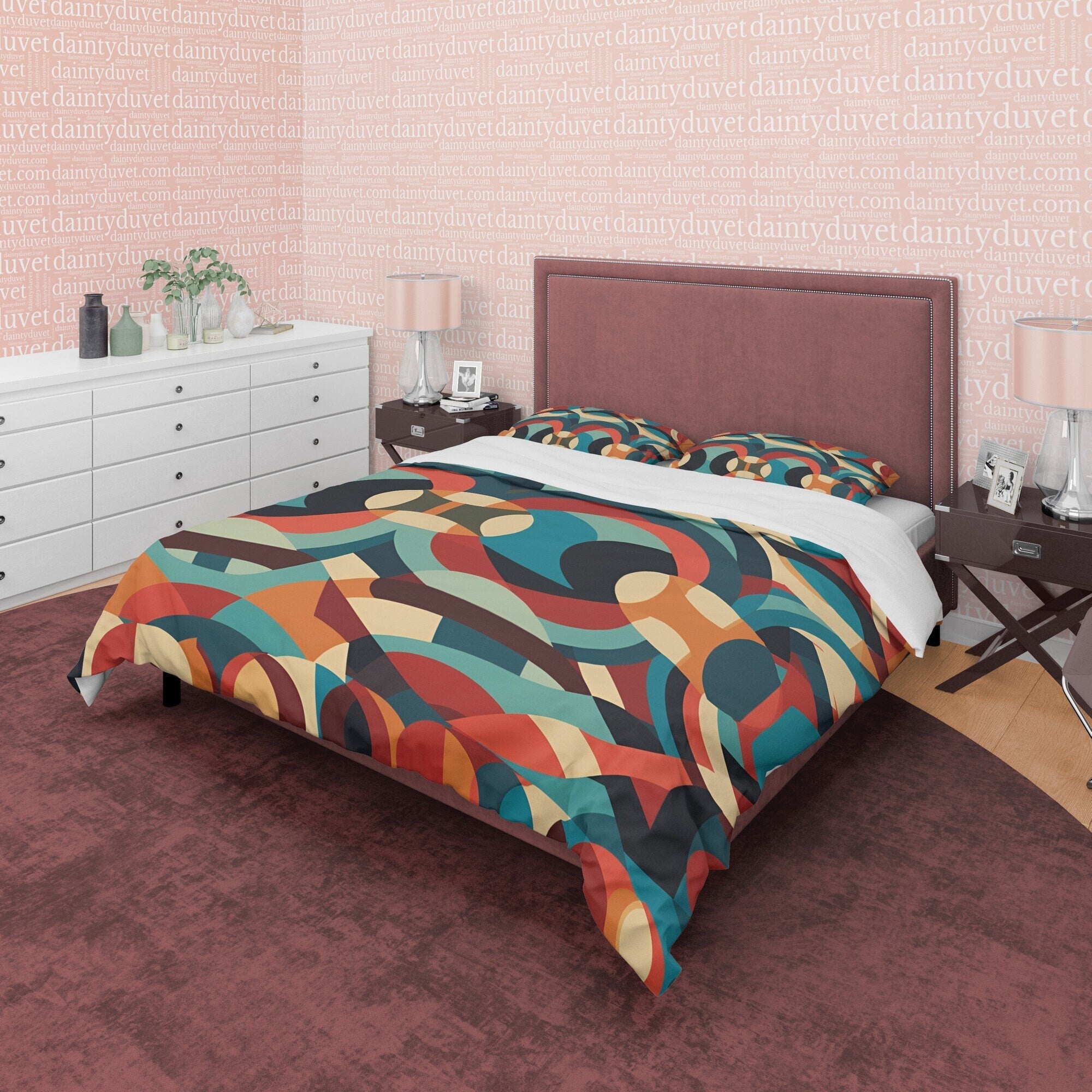 Mid Century Modern Geometric Duvet Cover, Retro Bedding Set, Colorful Circle Pattern Quilt Cover, Round Green Bedspread, Zipper Bedding