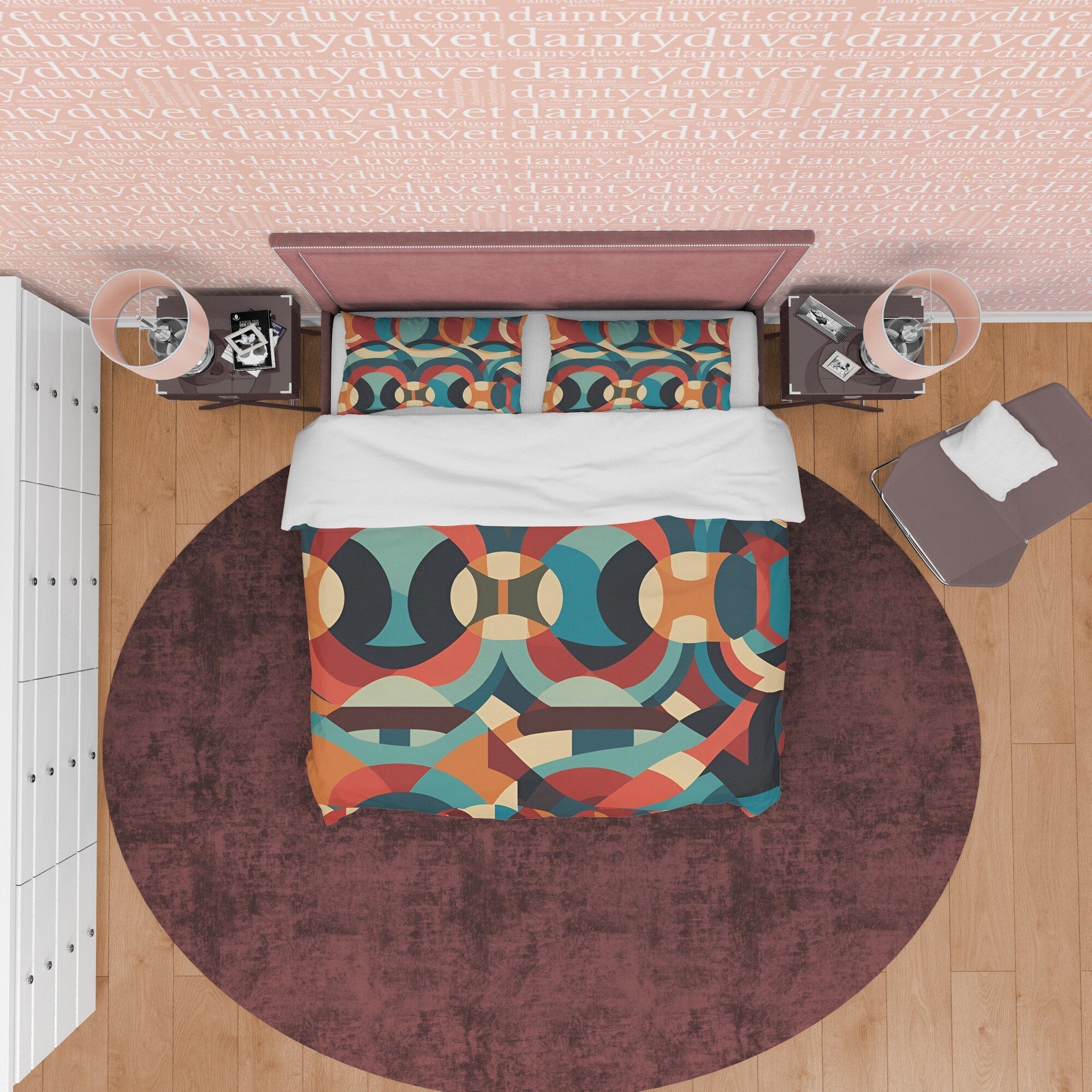 Mid Century Modern Geometric Duvet Cover, Retro Bedding Set, Colorful Circle Pattern Quilt Cover, Round Green Bedspread, Zipper Bedding