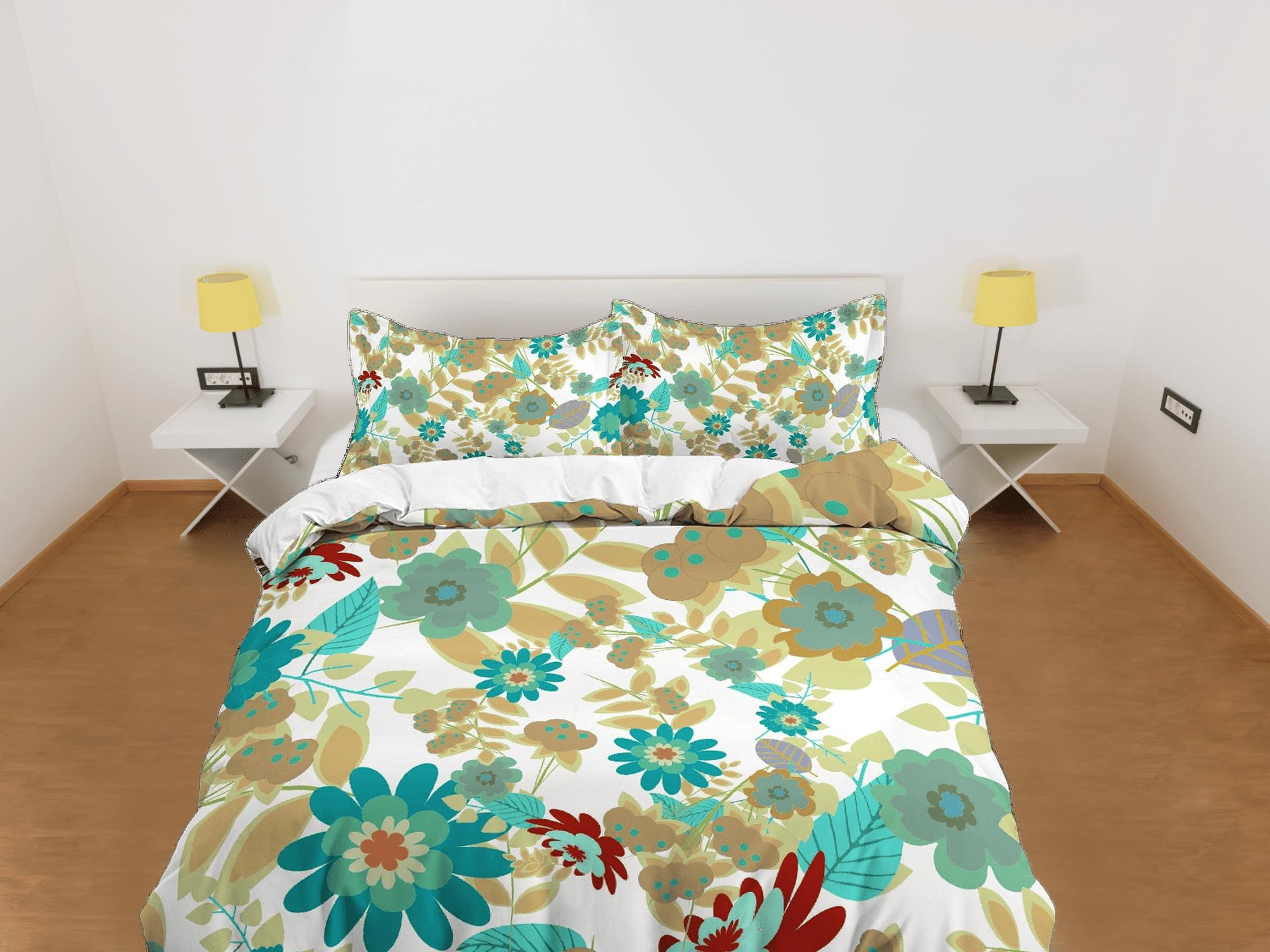 daintyduvet Mid century modern green floral bedding, aesthetic duvet cover queen, king, boho duvet, designer full size bedding maximalist 70s nostalgia