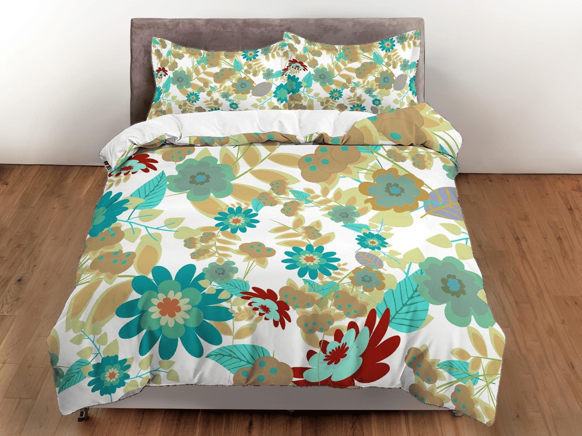 daintyduvet Mid century modern green floral bedding, aesthetic duvet cover queen, king, boho duvet, designer full size bedding maximalist 70s nostalgia