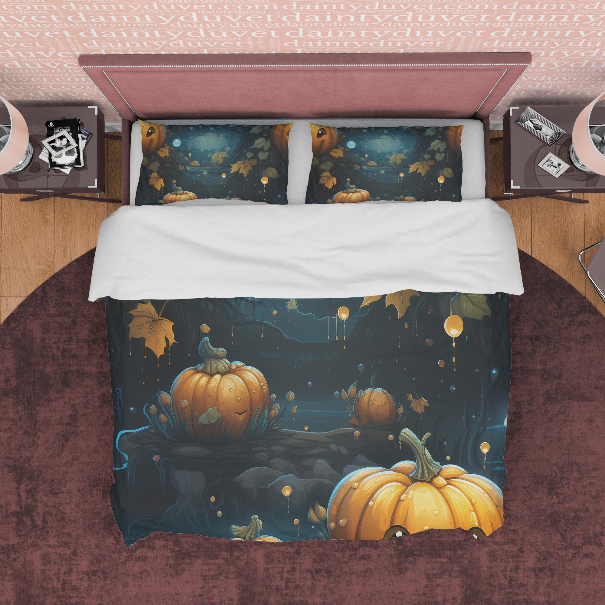 Midnight Fall Pumpkin Duvet Cover Set, Autumn Spooky Night Blanket Cover, Aesthetic Zipper Bedding, Halloween Room Decor, Unique Quilt Cover