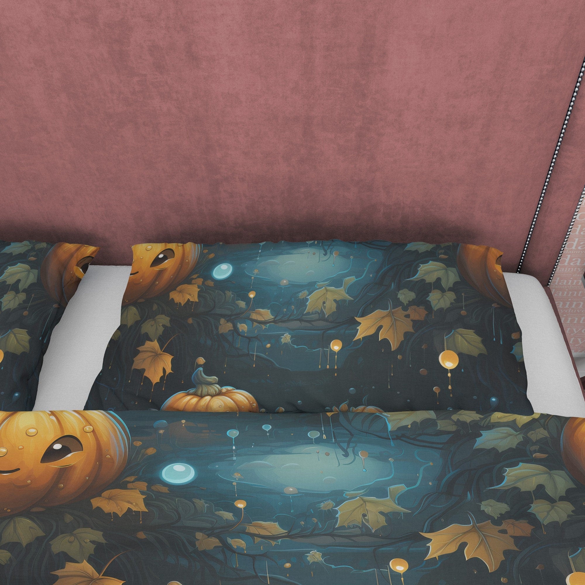 Midnight Fall Pumpkin Duvet Cover Set, Autumn Spooky Night Blanket Cover, Aesthetic Zipper Bedding, Halloween Room Decor, Unique Quilt Cover