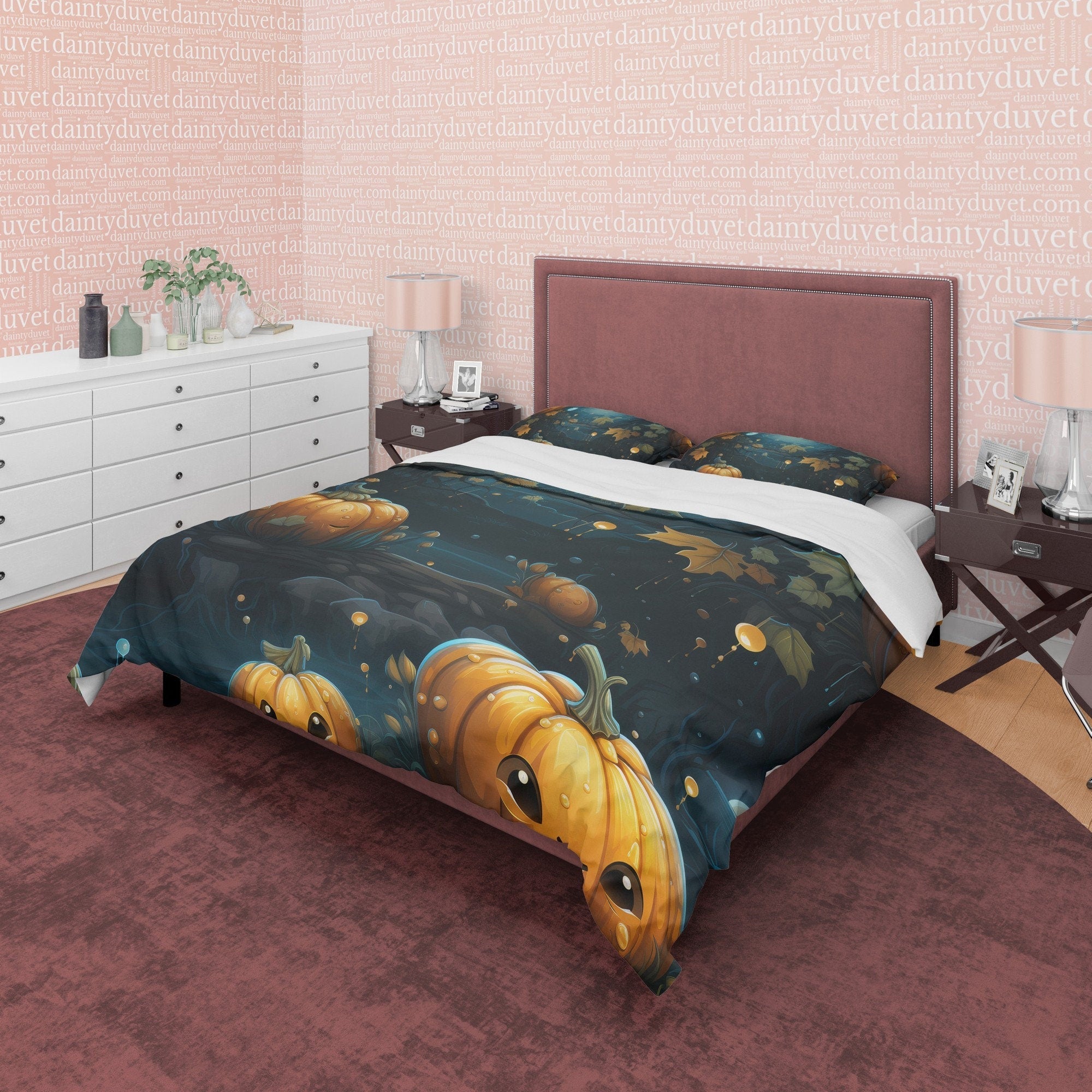 Midnight Fall Pumpkin Duvet Cover Set, Autumn Spooky Night Blanket Cover, Aesthetic Zipper Bedding, Halloween Room Decor, Unique Quilt Cover