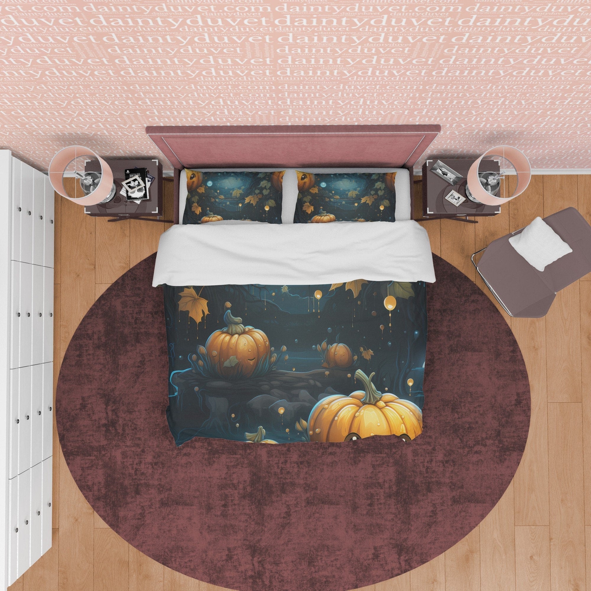 Midnight Fall Pumpkin Duvet Cover Set, Autumn Spooky Night Blanket Cover, Aesthetic Zipper Bedding, Halloween Room Decor, Unique Quilt Cover