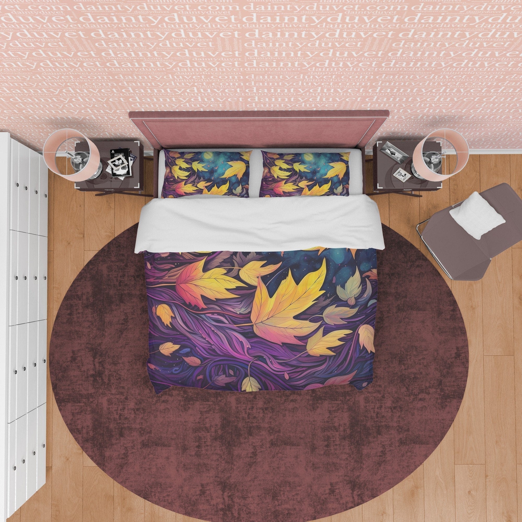 Midnight Purple Fall Duvet Cover Dried Leaf Bedding Set, Warm Autumn Colors Printed Quilt Cover, Foliage Bedspread, Yellow Blanket Cover