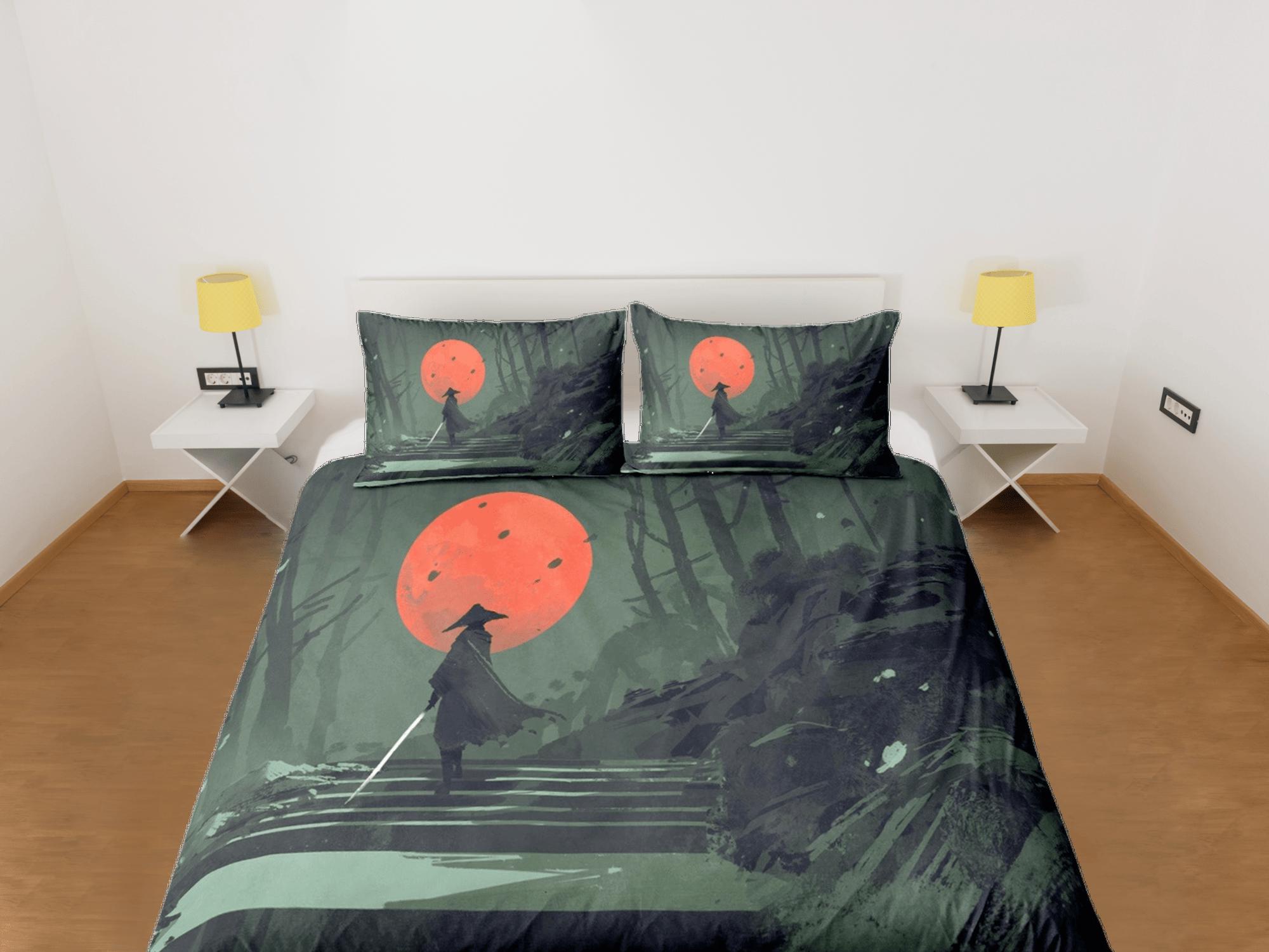 daintyduvet Military green oriental bedding, samurai on japanese duvet cover set for king, queen, full, twin, single bed, aesthetic zipper bedding