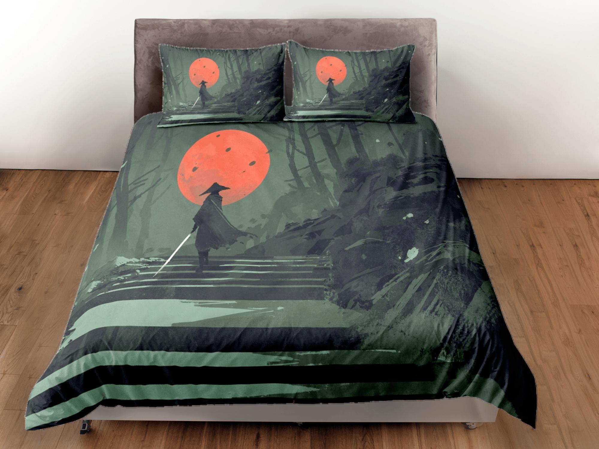 daintyduvet Military green oriental bedding, samurai on japanese duvet cover set for king, queen, full, twin, single bed, aesthetic zipper bedding
