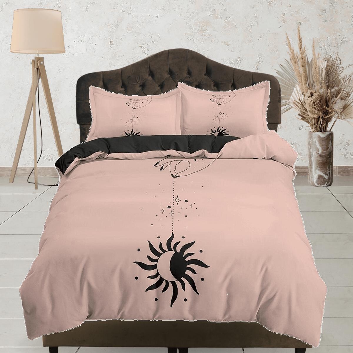 daintyduvet Minimalist Bedding with Black Moon and Sun, Beige Duvet Cover Set, Witchy Boho Dorm Bedding, Aesthetic Duvet King Queen Full Twin Single