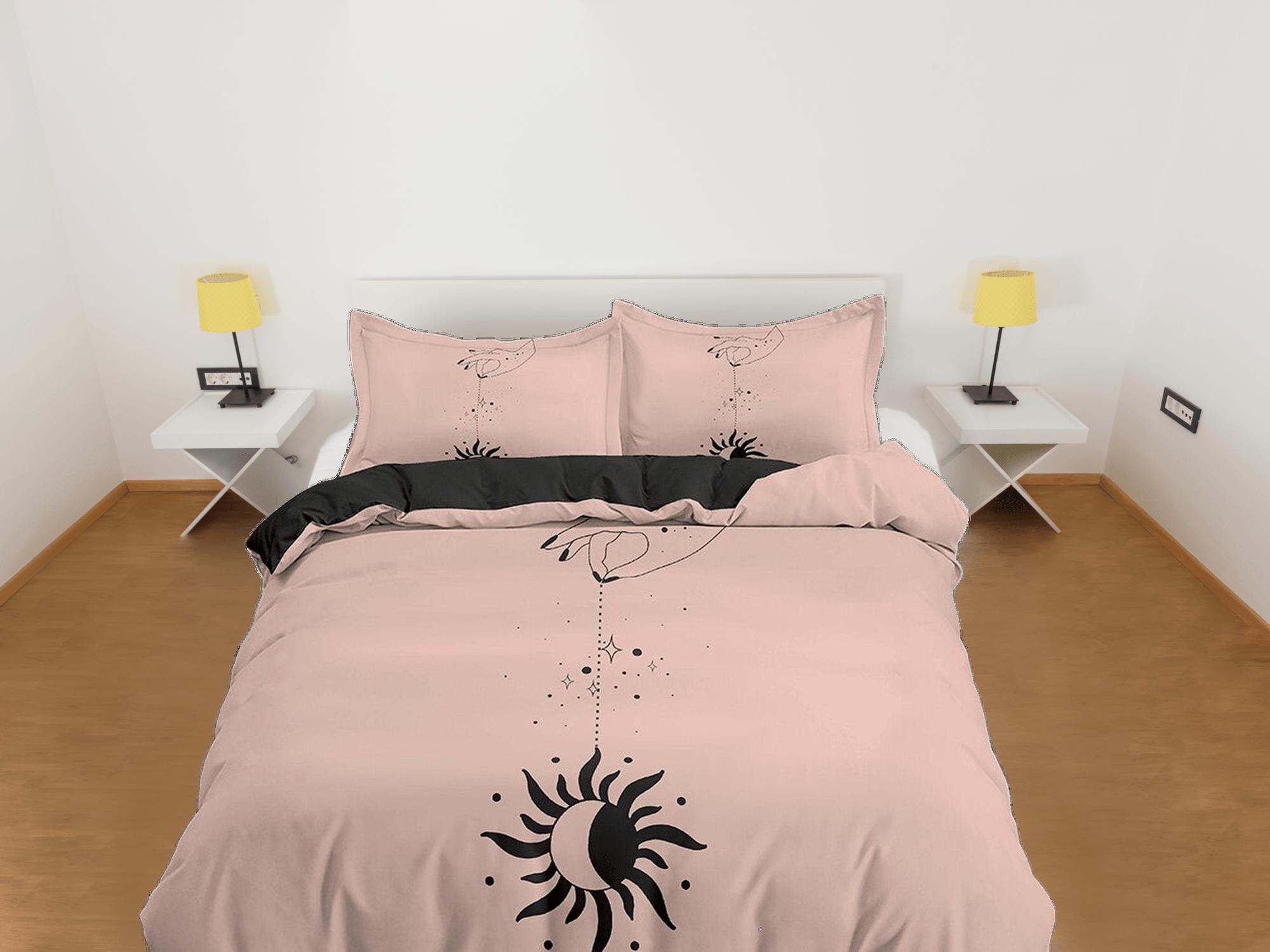 daintyduvet Minimalist Bedding with Black Moon and Sun, Beige Duvet Cover Set, Witchy Boho Dorm Bedding, Aesthetic Duvet King Queen Full Twin Single