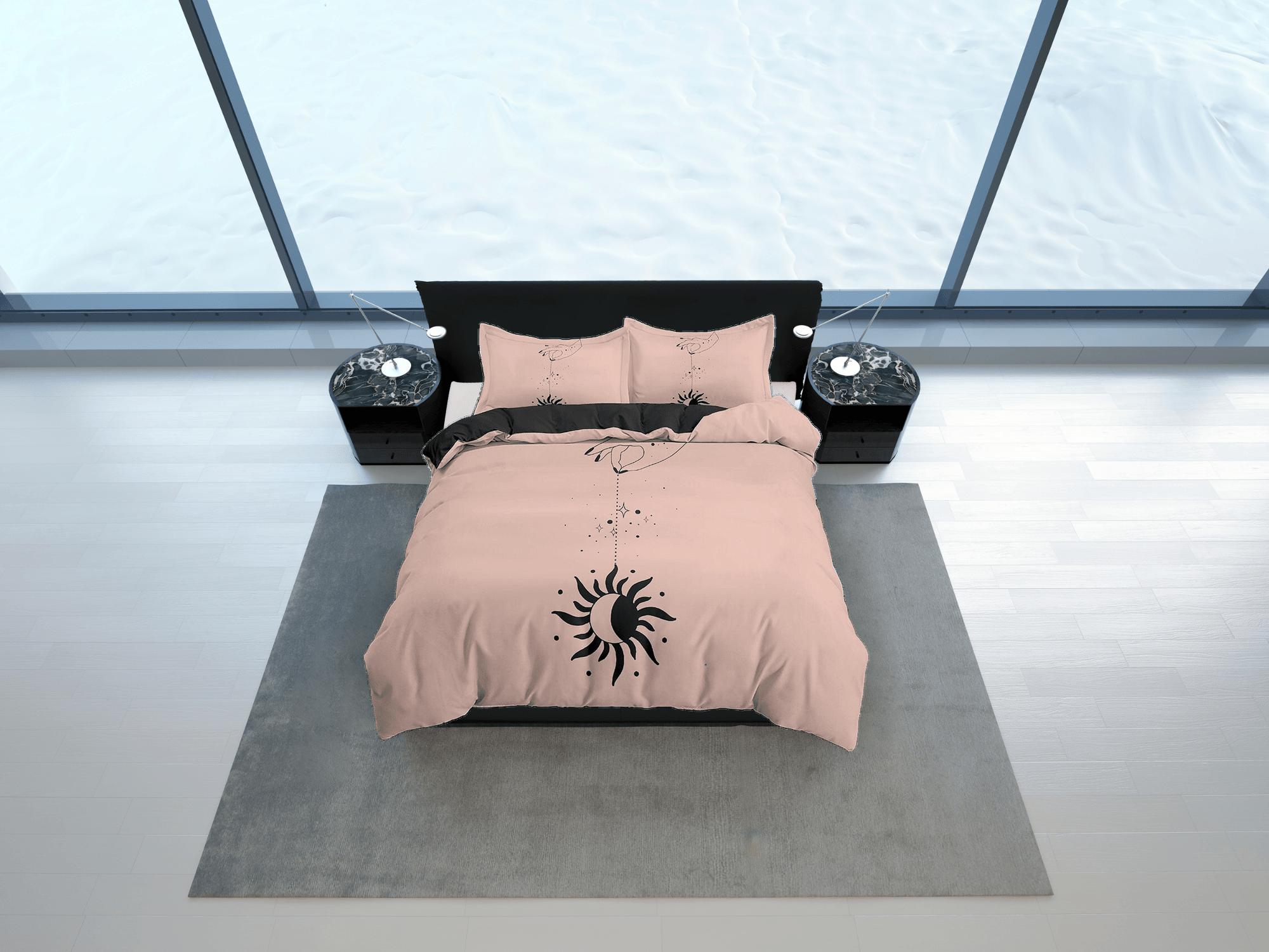 daintyduvet Minimalist Bedding with Black Moon and Sun, Beige Duvet Cover Set, Witchy Boho Dorm Bedding, Aesthetic Duvet King Queen Full Twin Single