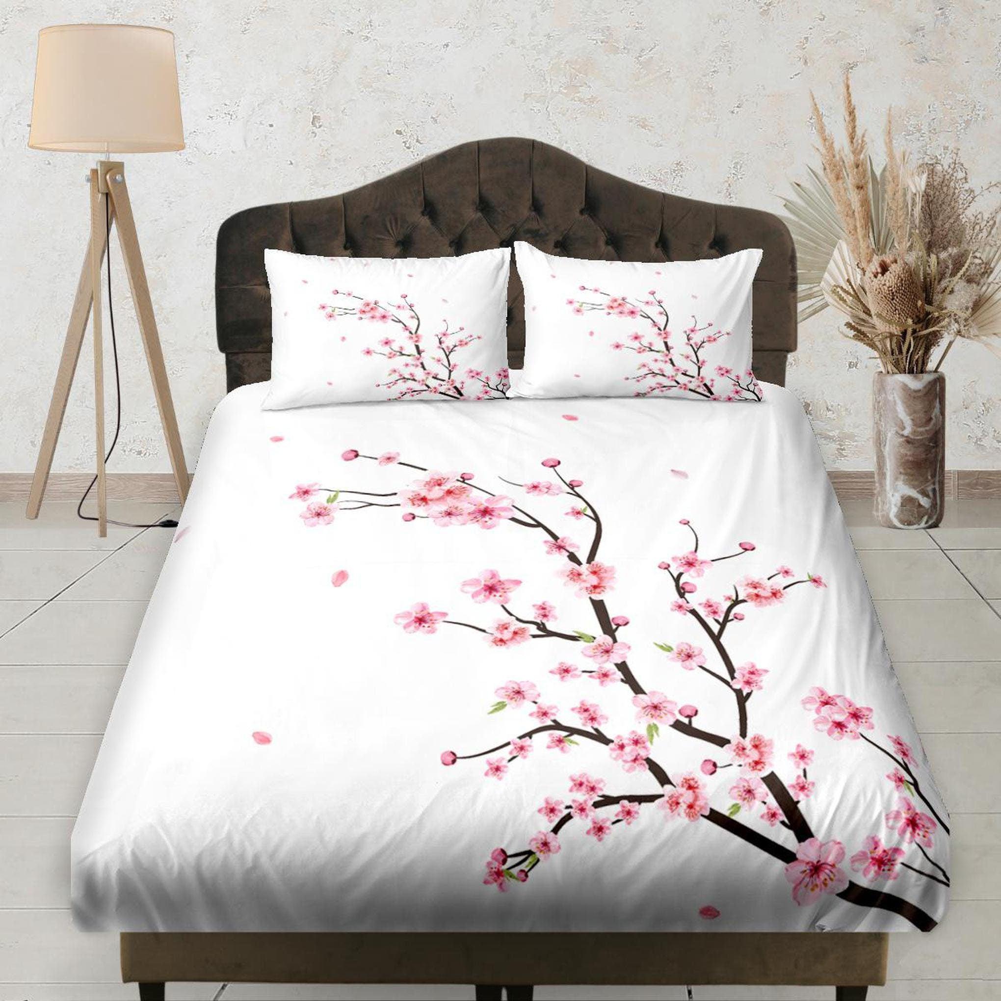 daintyduvet Minimalist Cherry Blossoms Bedding, Fitted Sheet Deep Pocket, Floral Printed Bedding Set, Boho Bedsheet, Dorm Bedding, Shabby Chic Bedding