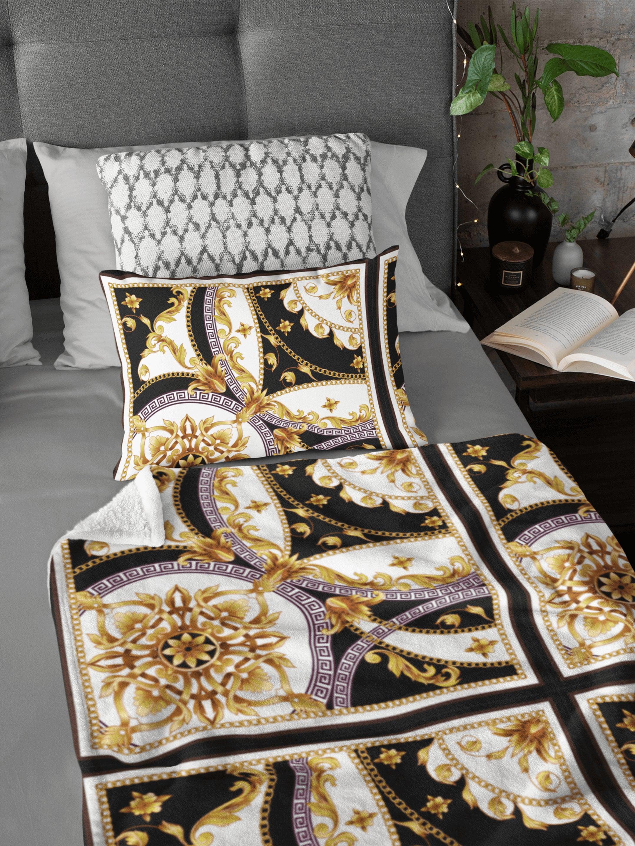 daintyduvet Modern Victorian Black and White Gold Baroque Soft Fluffy Velvet Flannel Fleece Throw Blanket