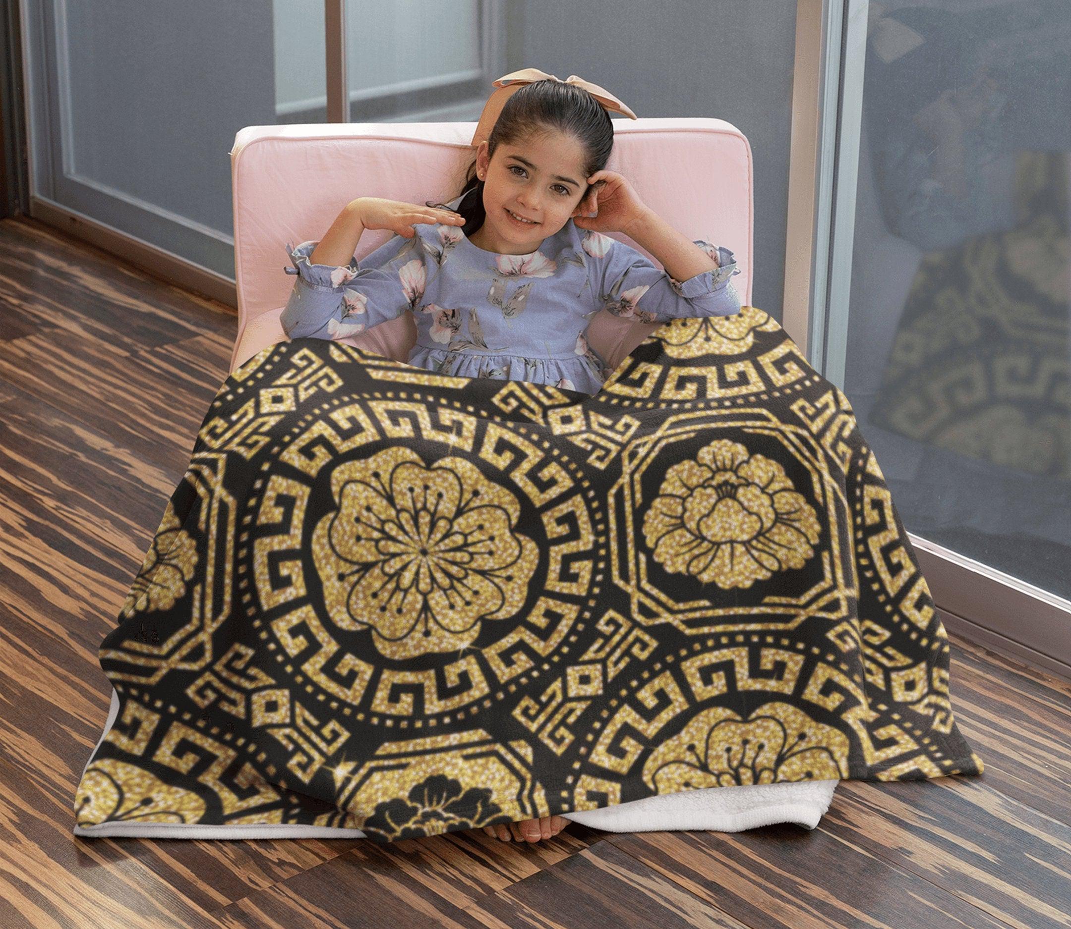 daintyduvet Modern Victorian Golden Flowers Baroque Soft Fluffy Velvet Flannel Fleece Throw Blanket