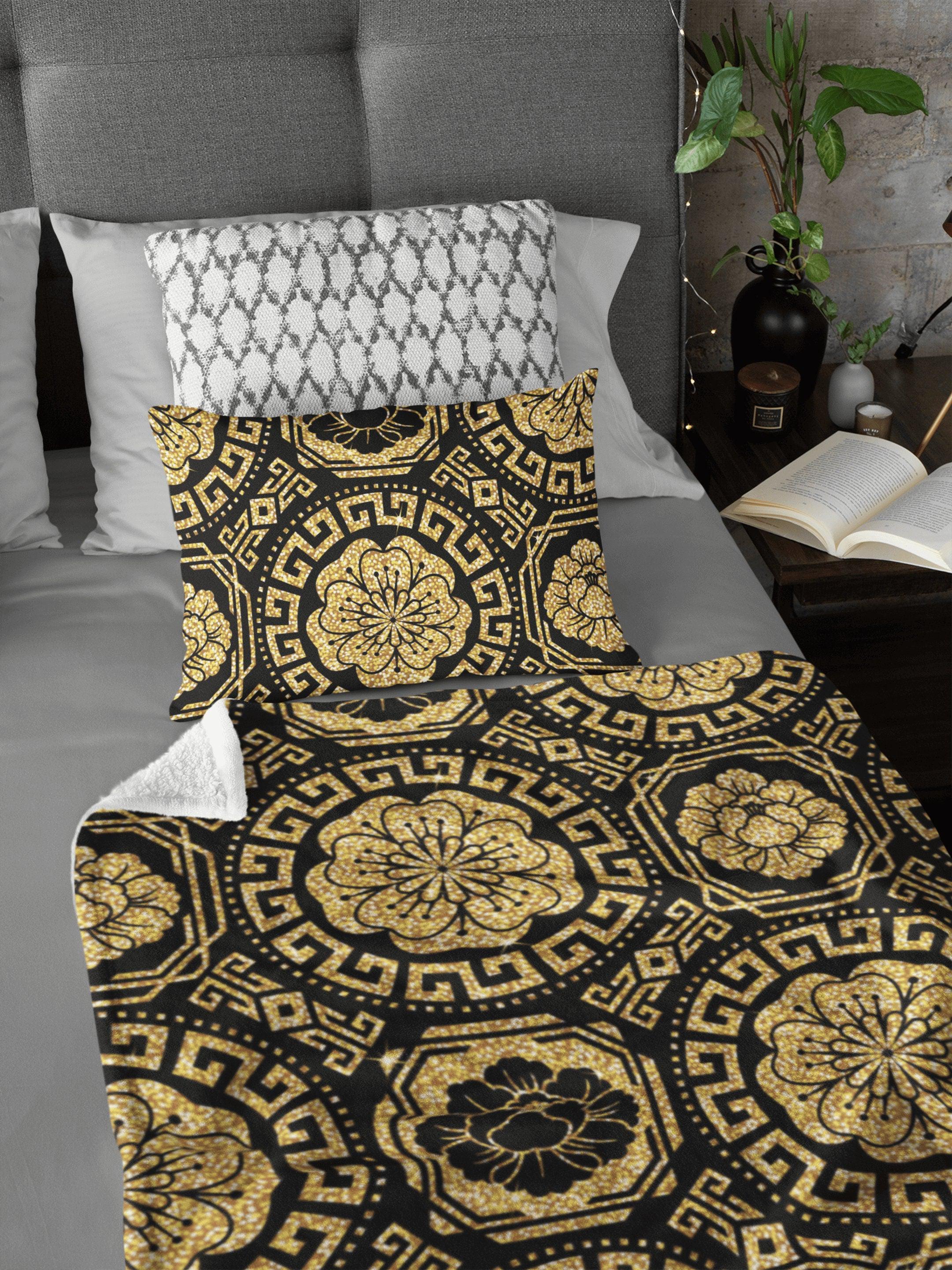 daintyduvet Modern Victorian Golden Flowers Baroque Soft Fluffy Velvet Flannel Fleece Throw Blanket