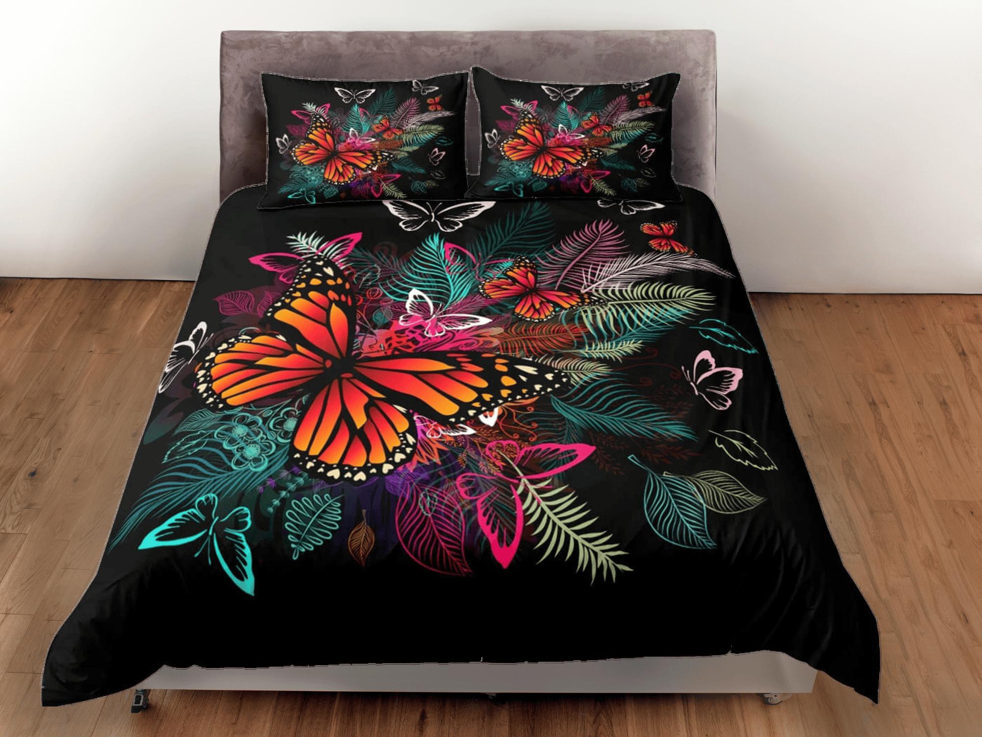 daintyduvet Monarch butterfly bedding tropical black duvet cover colorful dorm bedding, full size adult duvet king queen twin, nursery toddler bedding