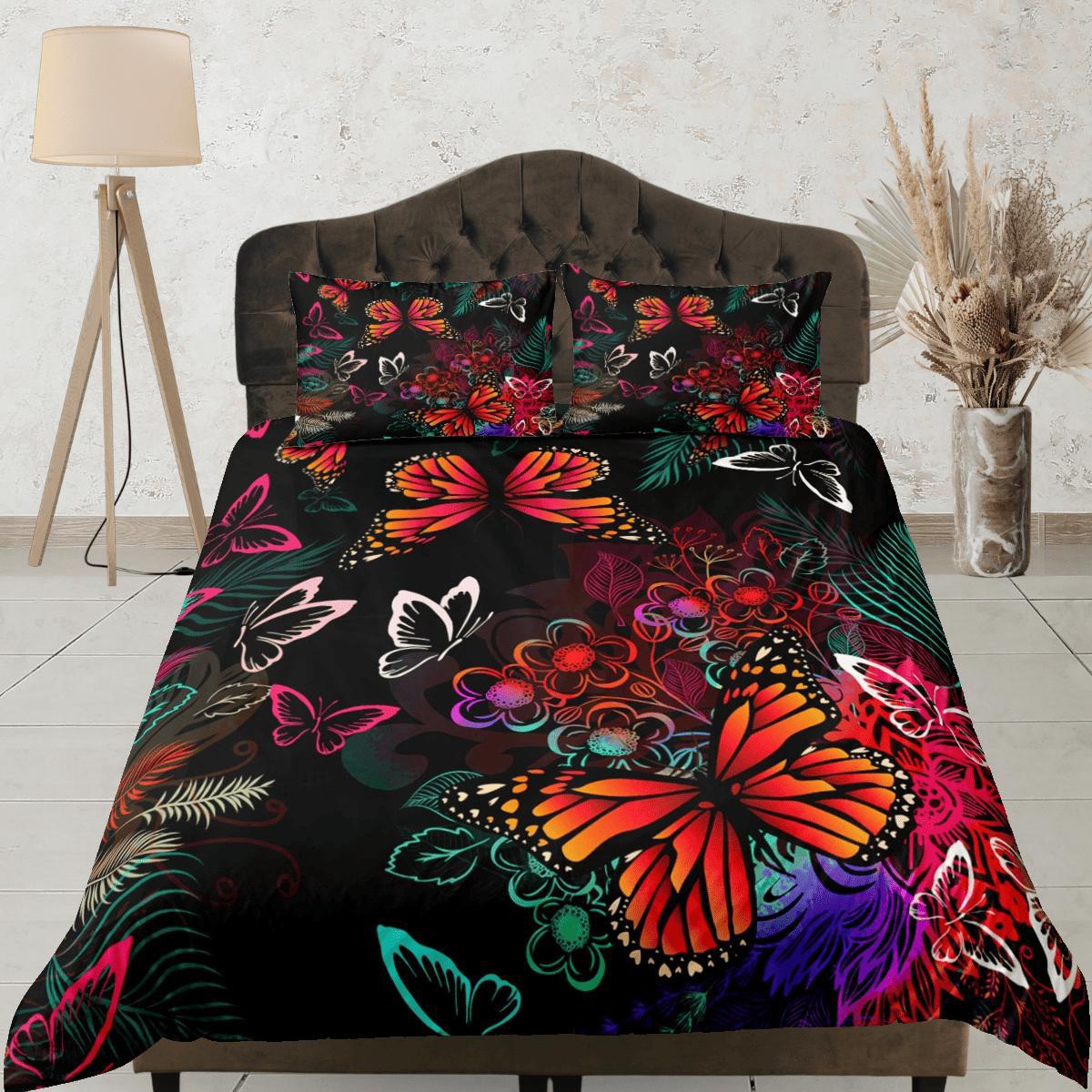 daintyduvet Monarch Butterfly Black Duvet Cover Set Colorful Bedspread, Dorm Bedding Pillowcase