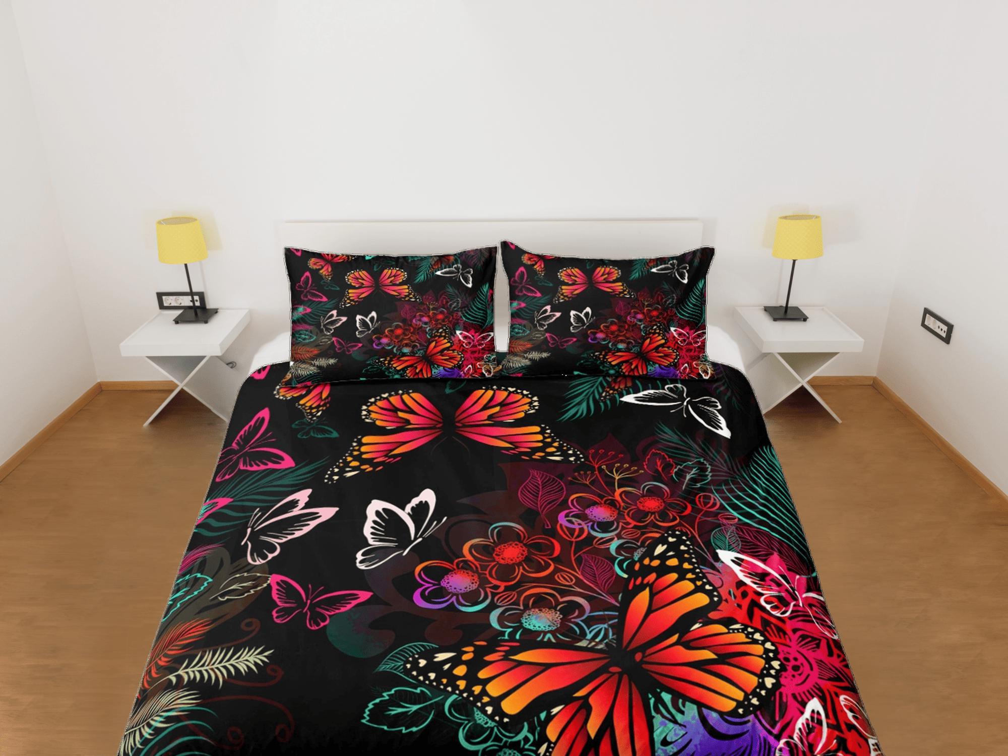 daintyduvet Monarch Butterfly Black Duvet Cover Set Colorful Bedspread, Dorm Bedding Pillowcase