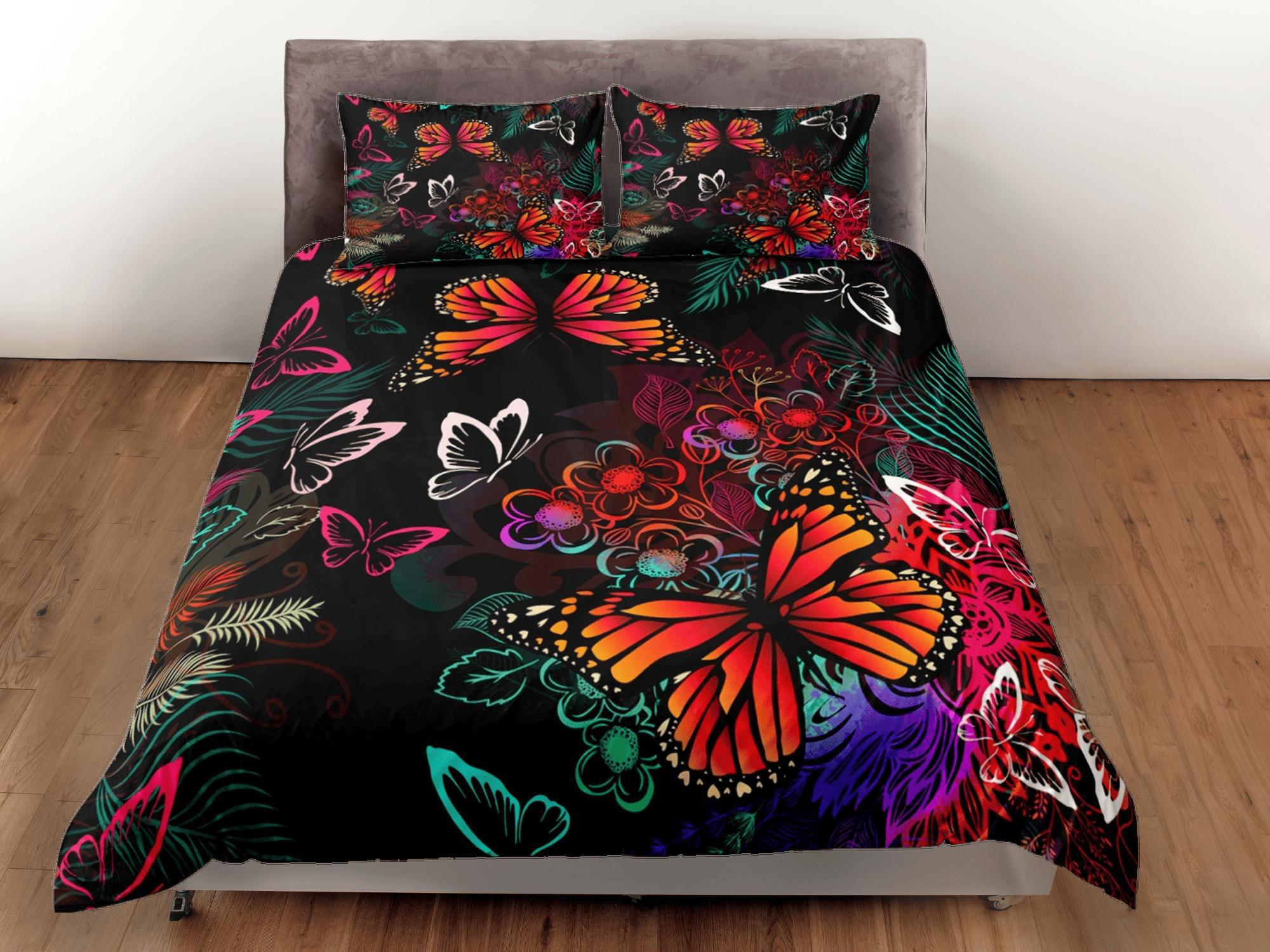 daintyduvet Monarch Butterfly Black Duvet Cover Set Colorful Bedspread, Dorm Bedding Pillowcase