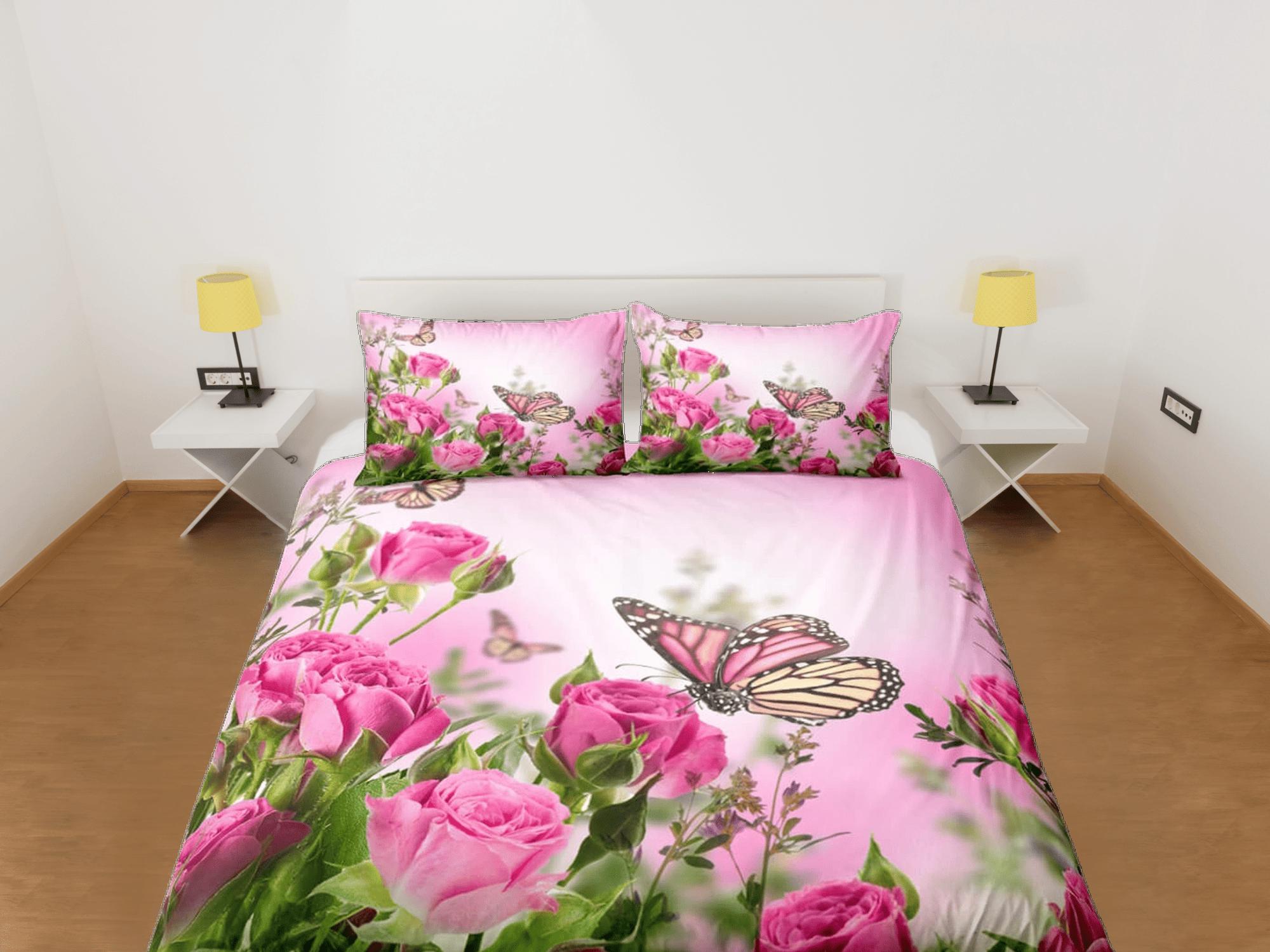 daintyduvet Monarch butterfly roses bedding pink duvet cover boho chic dorm bedding full size adult duvet king queen twin, nursery toddler bedding