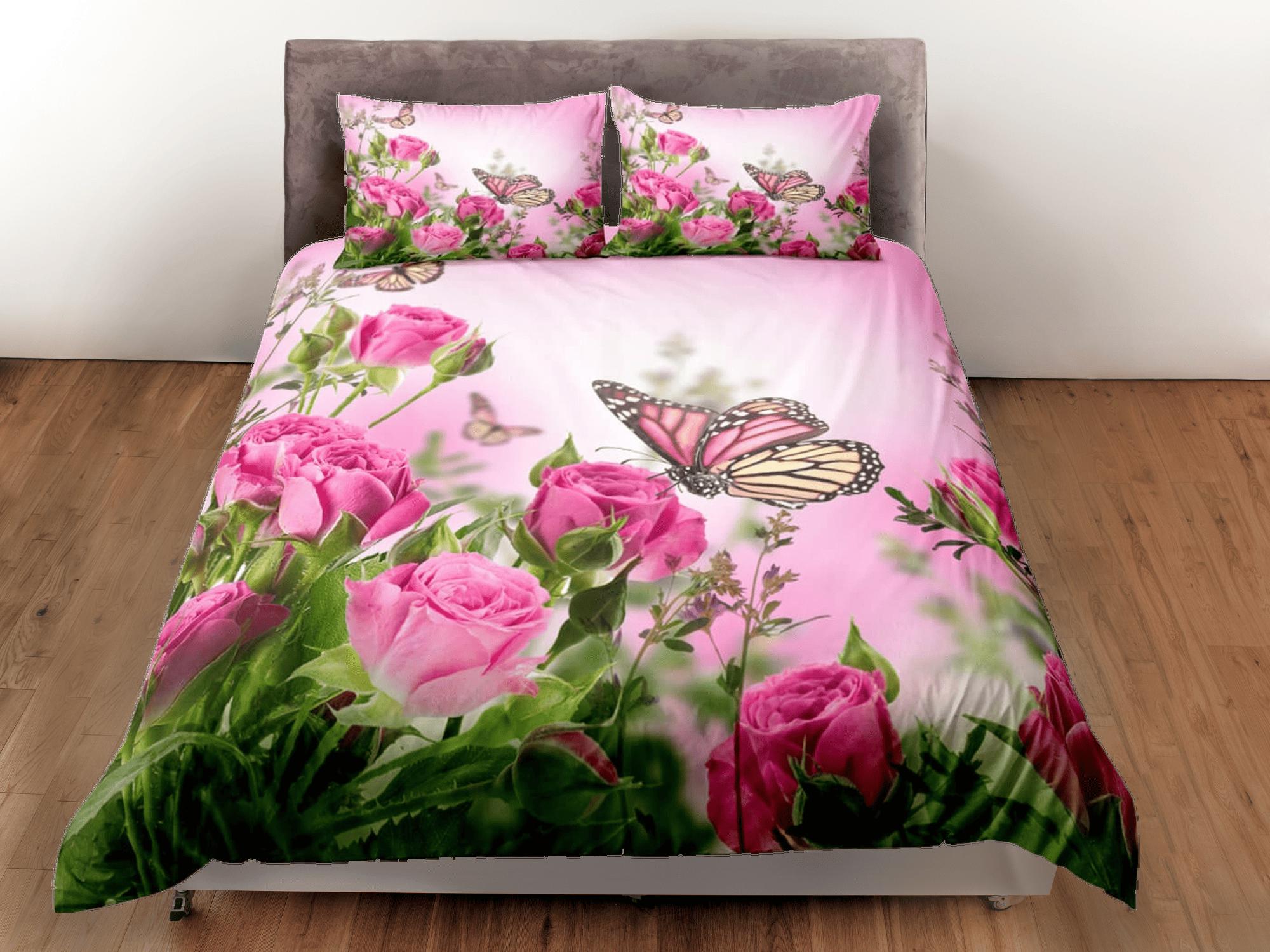 daintyduvet Monarch butterfly roses bedding pink duvet cover boho chic dorm bedding full size adult duvet king queen twin, nursery toddler bedding