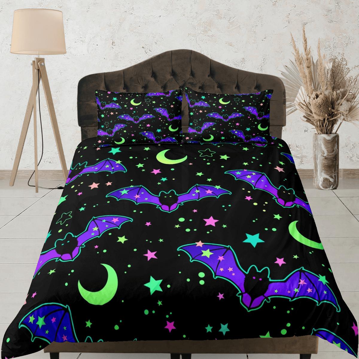 daintyduvet Moon stars and bat 90s neon halloween bedding hippie retro duvet cover, colorful dorm bedding, teens bedroom, adult duvet, toddler bedding