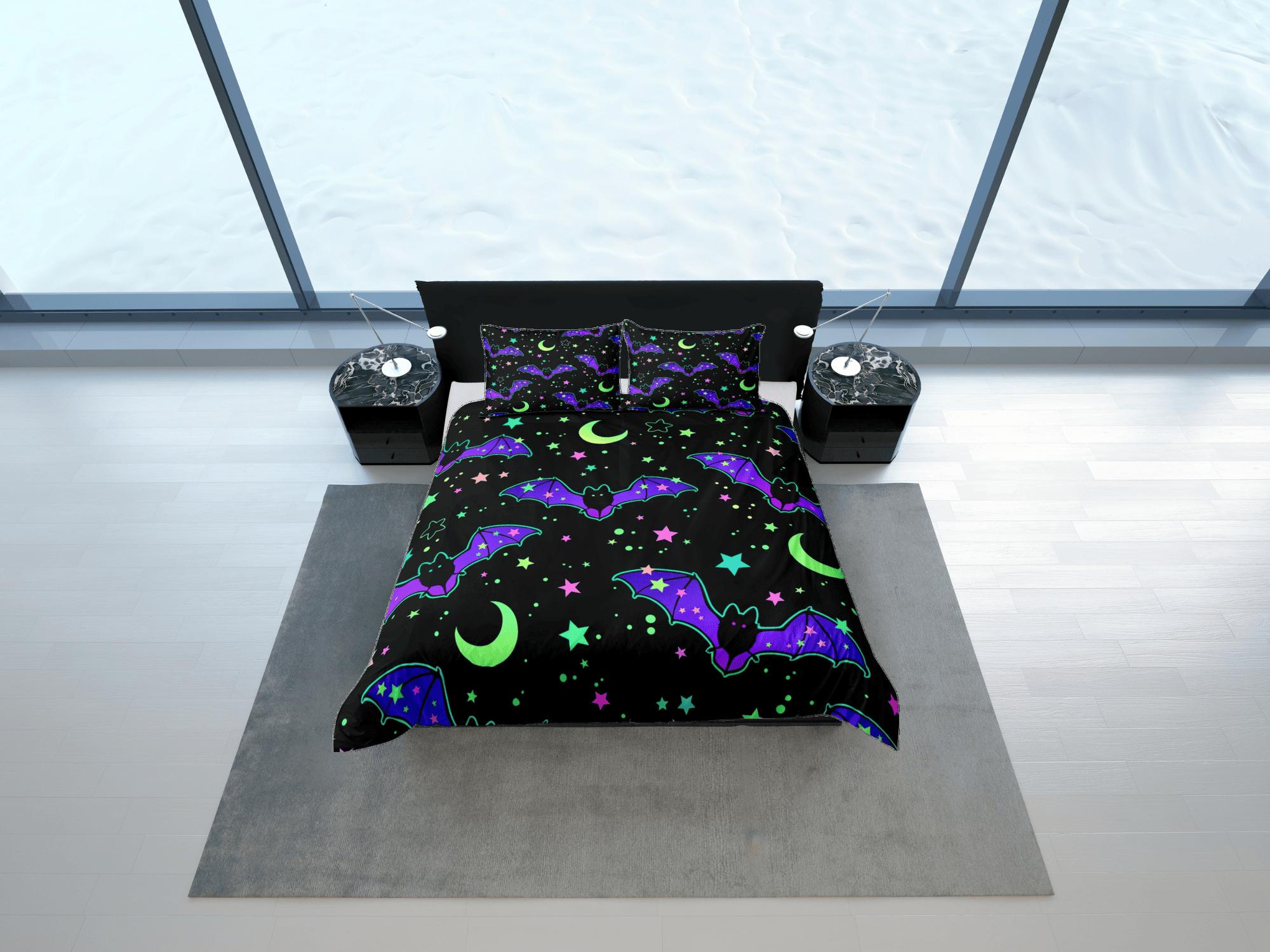 daintyduvet Moon stars and bat 90s neon halloween bedding hippie retro duvet cover, colorful dorm bedding, teens bedroom, adult duvet, toddler bedding