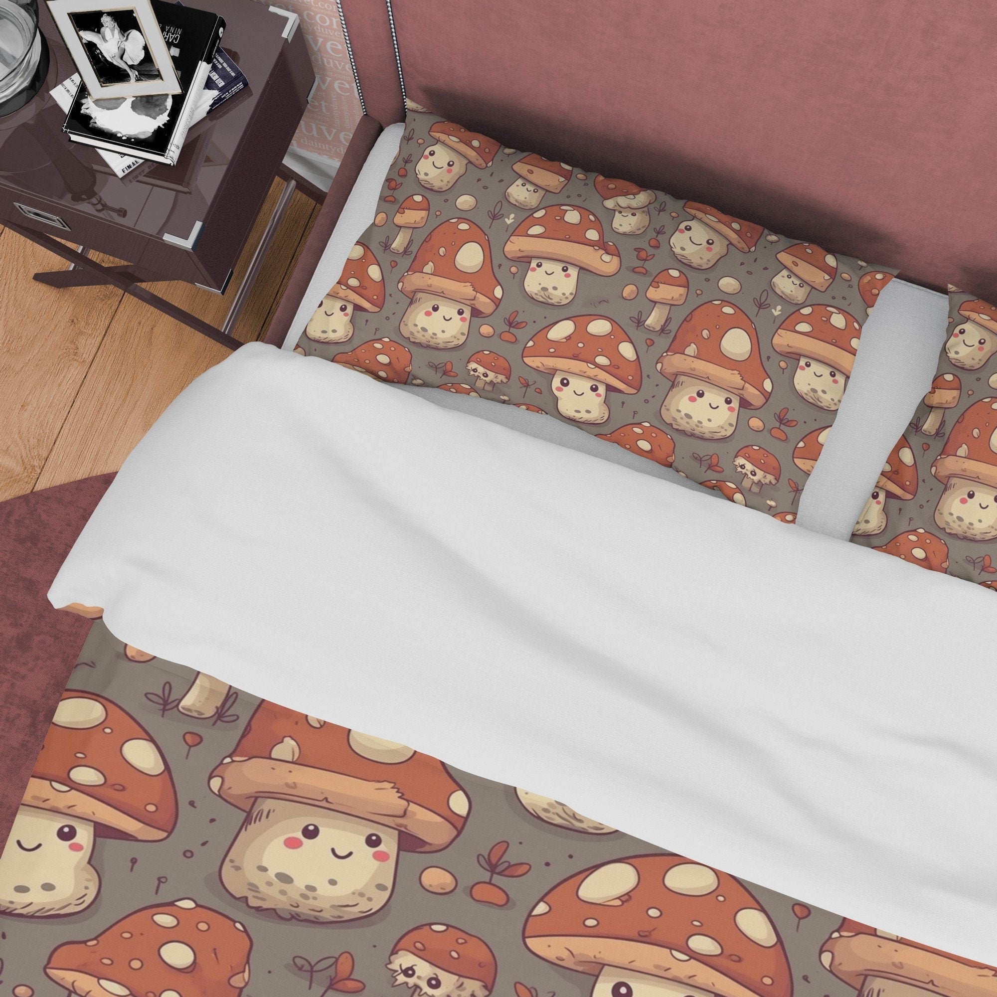 Mushroom Retro Bedding Set, Choco Brown Duvet Cover, Funny Quilt Cover, Cute Fungi Bedspread, 70s Nostalgia Bed Cover, Zipper Bedding
