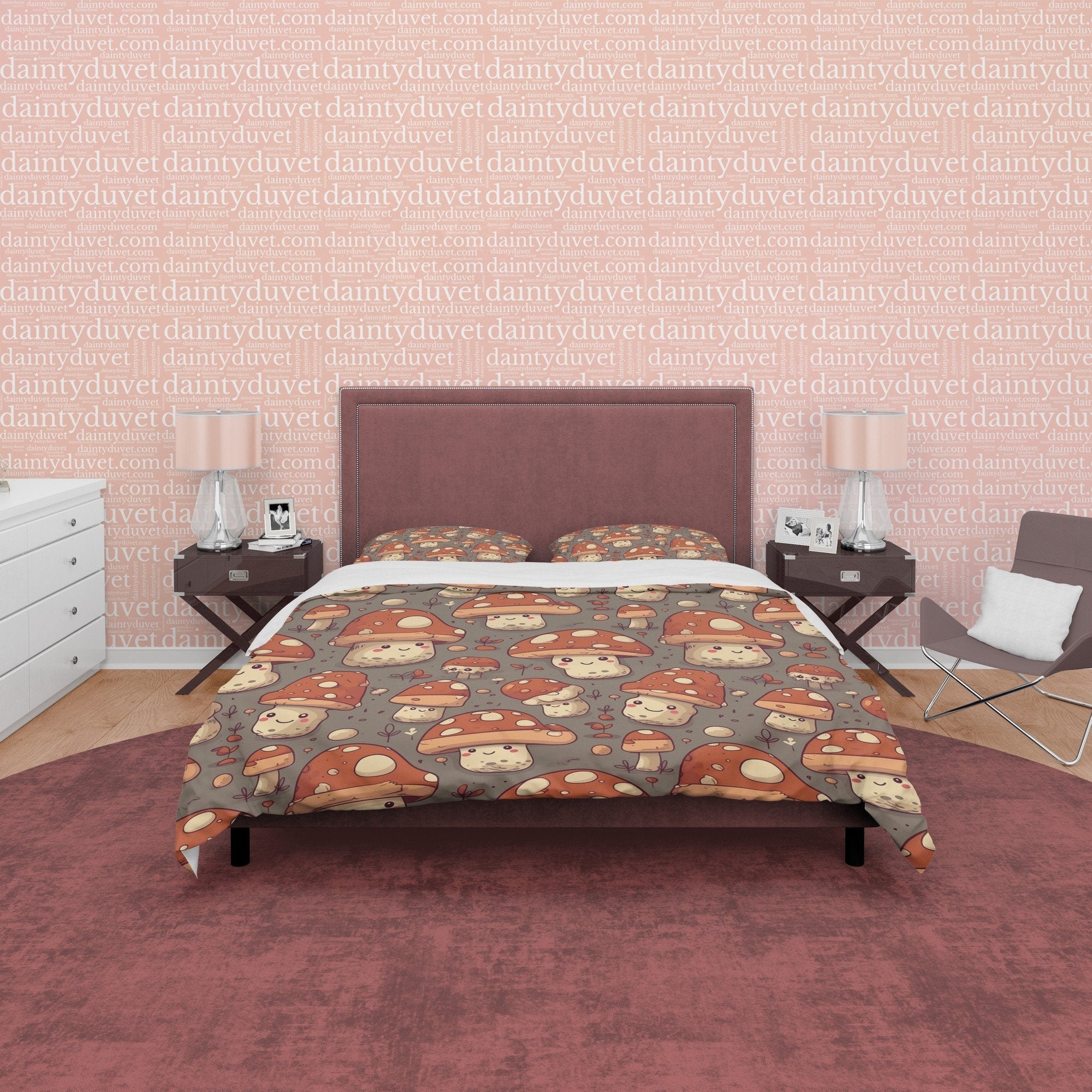 Mushroom Retro Bedding Set, Choco Brown Duvet Cover, Funny Quilt Cover, Cute Fungi Bedspread, 70s Nostalgia Bed Cover, Zipper Bedding