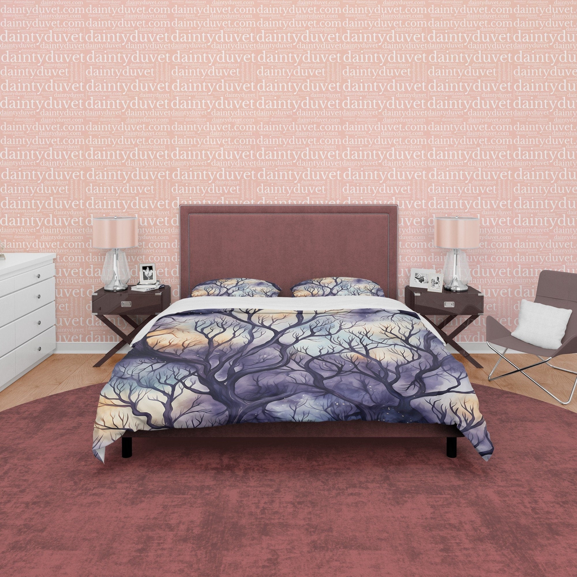 Mysterious Forest, Purple Sky, Winter Halloween Duvet Cover Set, Aesthetic Bedding, Spooky Room Decor, US, European, Australian Sizes