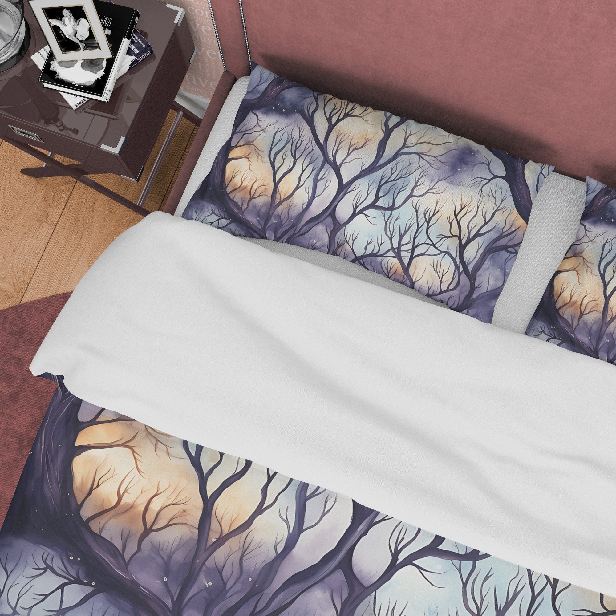 Mysterious Forest, Purple Sky, Winter Halloween Duvet Cover Set, Aesthetic Bedding, Spooky Room Decor, US, European, Australian Sizes