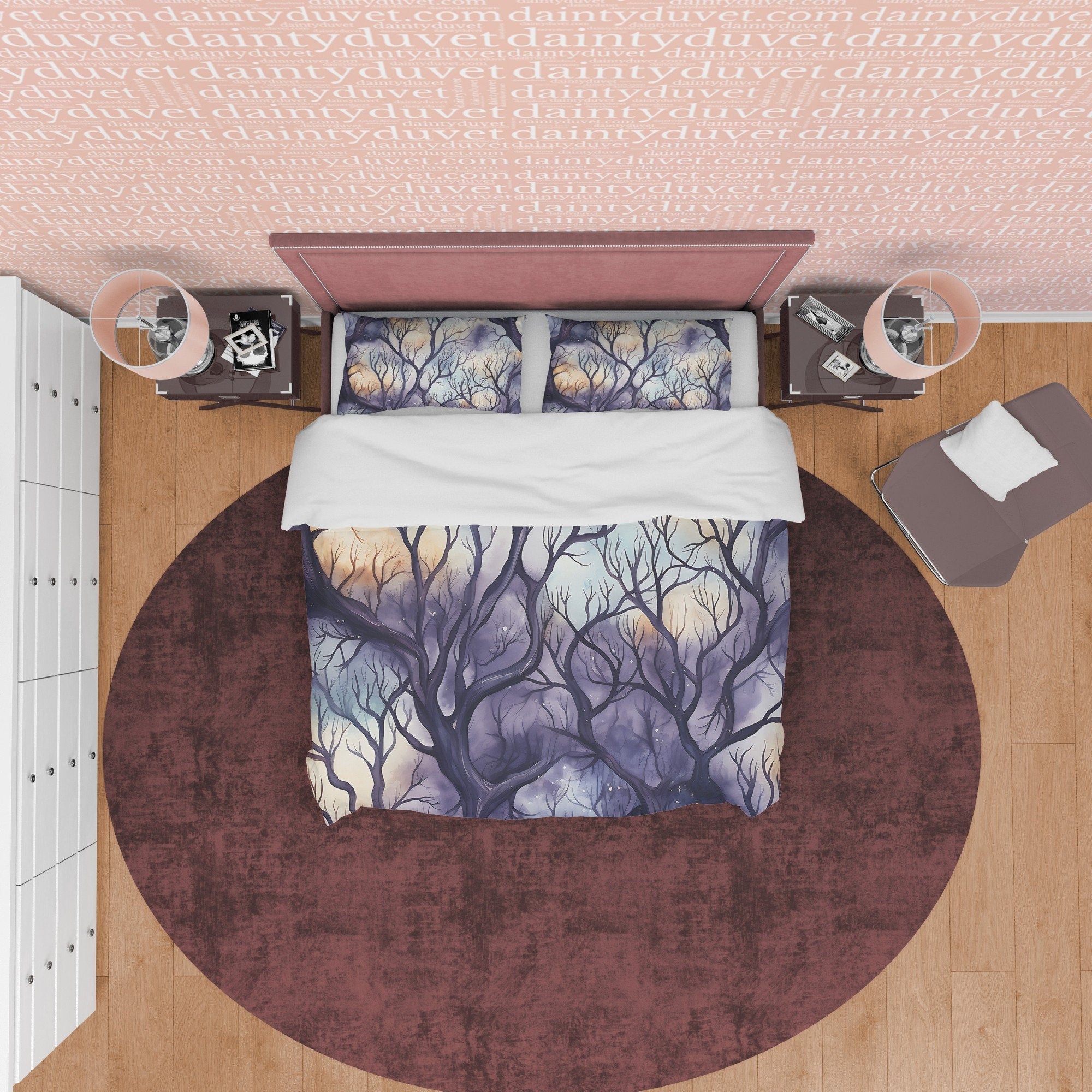 Mysterious Forest, Purple Sky, Winter Halloween Duvet Cover Set, Aesthetic Bedding, Spooky Room Decor, US, European, Australian Sizes