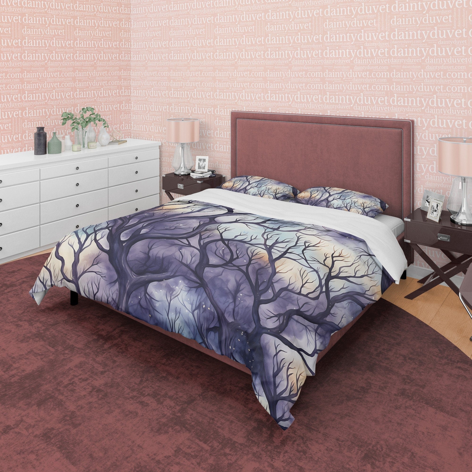 Mysterious Forest, Purple Sky, Winter Halloween Duvet Cover Set, Aesthetic Bedding, Spooky Room Decor, US, European, Australian Sizes