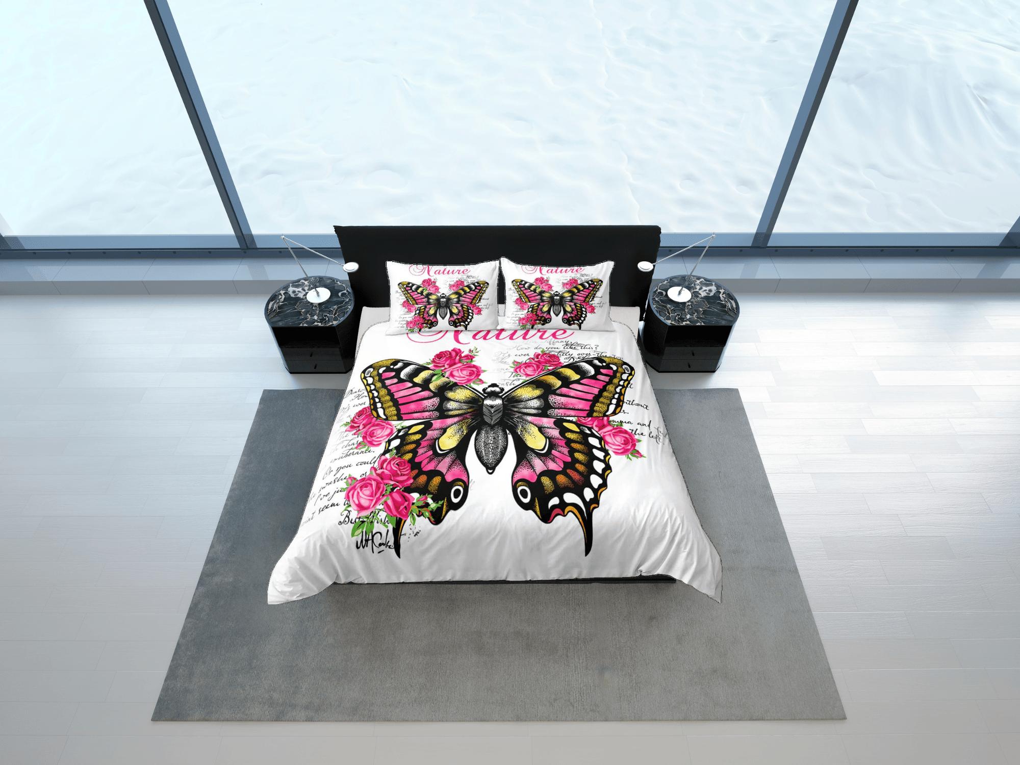 daintyduvet Nature lover pink butterfly bedding duvet cover colorful dorm bedding, full size adult duvet king queen twin, nursery toddler bedding
