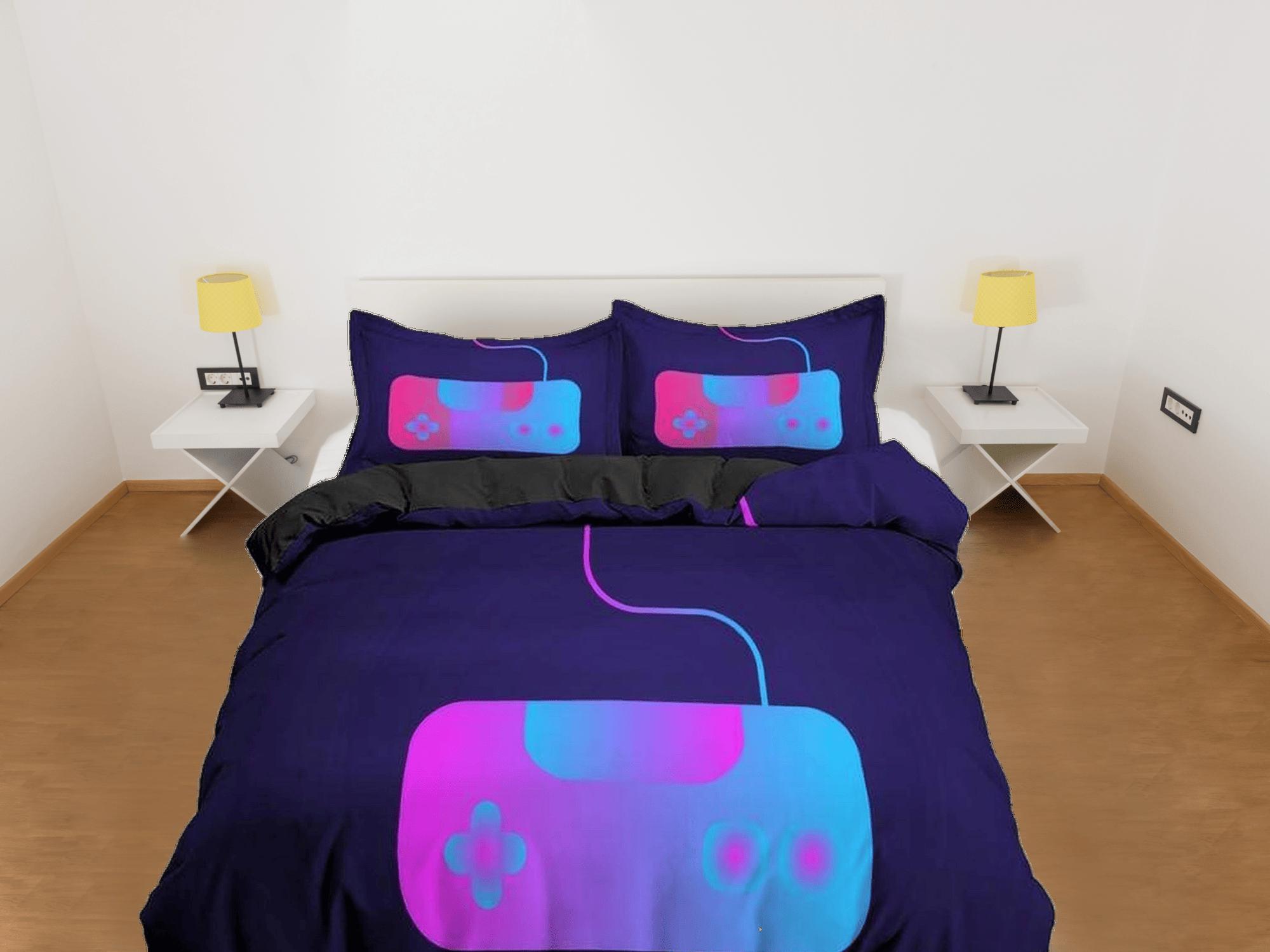daintyduvet Neon controller gamer bedding purple duvet cover, video gamer boyfriend gift bedding set full king queen twin, boys bedroom, dorm bedding