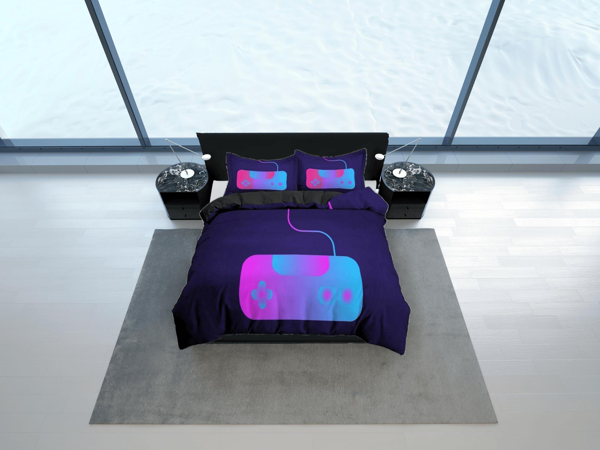 daintyduvet Neon controller gamer bedding purple duvet cover, video gamer boyfriend gift bedding set full king queen twin, boys bedroom, dorm bedding