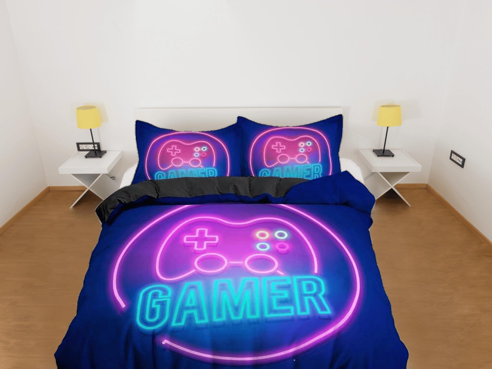 daintyduvet Neon lights gamer bedding duvet cover, video gamer boyfriend gift bedding set full king queen twin, boys bedroom, college dorm bedding