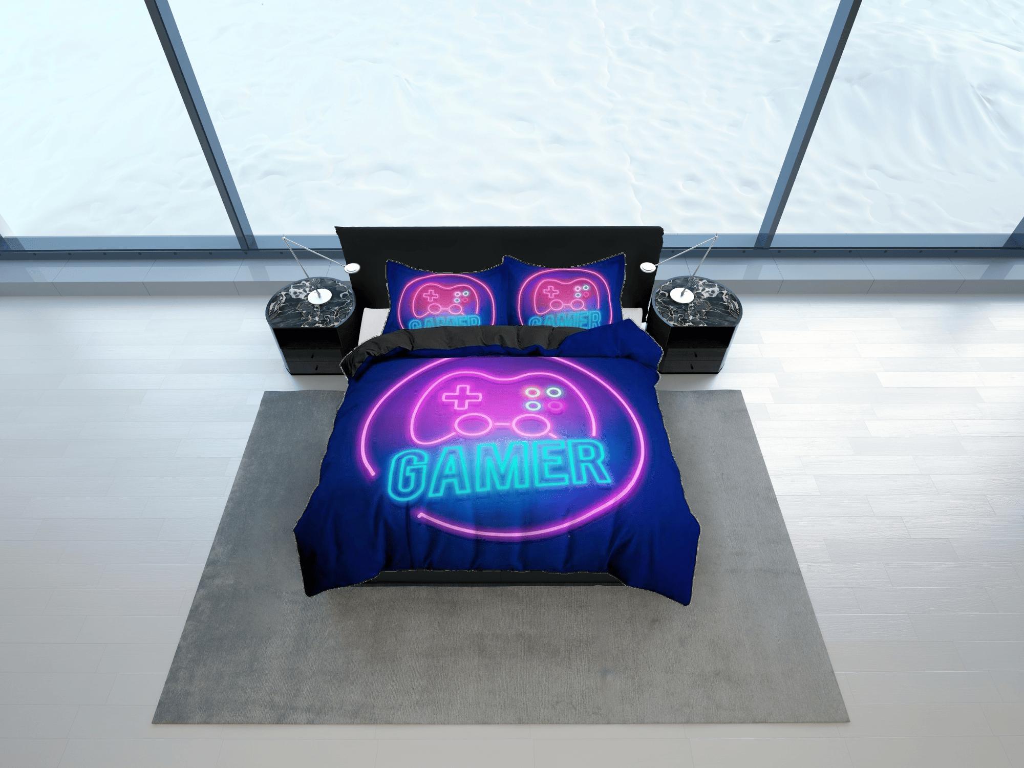 daintyduvet Neon lights gamer bedding duvet cover, video gamer boyfriend gift bedding set full king queen twin, boys bedroom, college dorm bedding