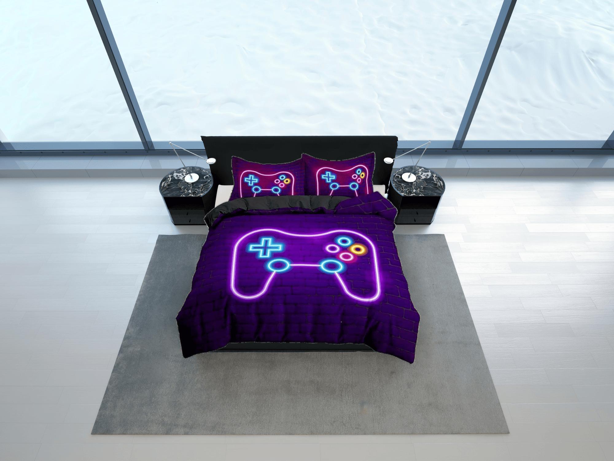 daintyduvet Neon lights gamer bedding purple duvet cover, video gamer boyfriend gift bedding set full king queen twin, boys bedroom college dorm bedding