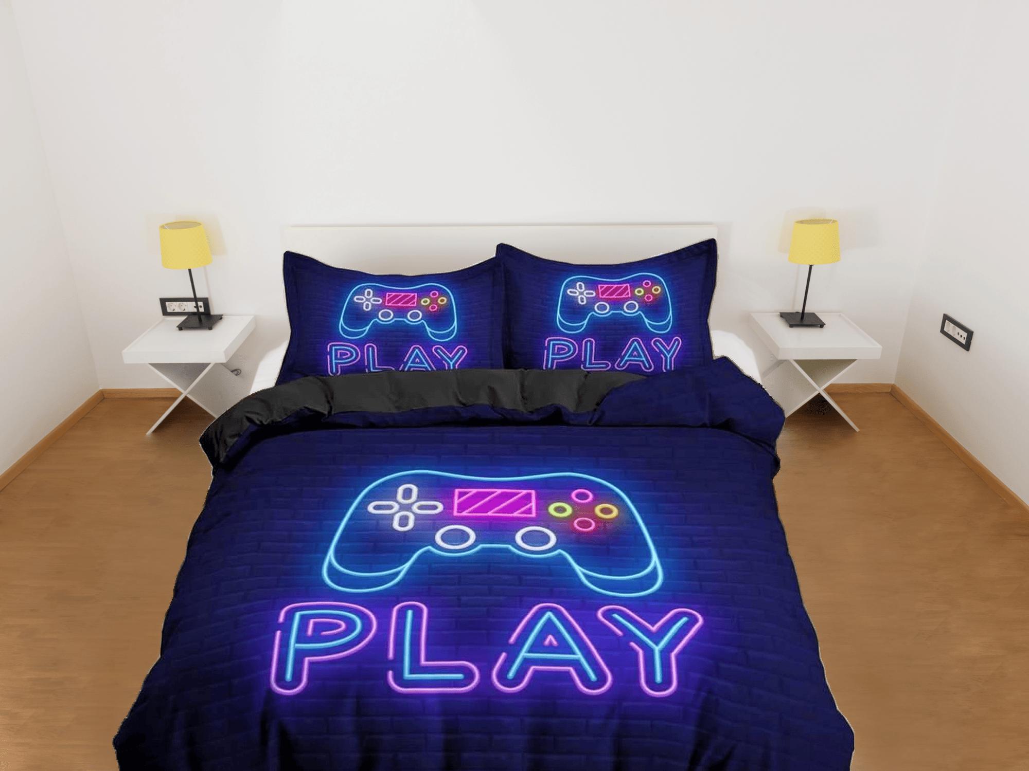daintyduvet Neon lights play gamer bedding duvet cover, video gamer boyfriend gift bedding set full king queen twin, boys bedroom, college dorm bedding