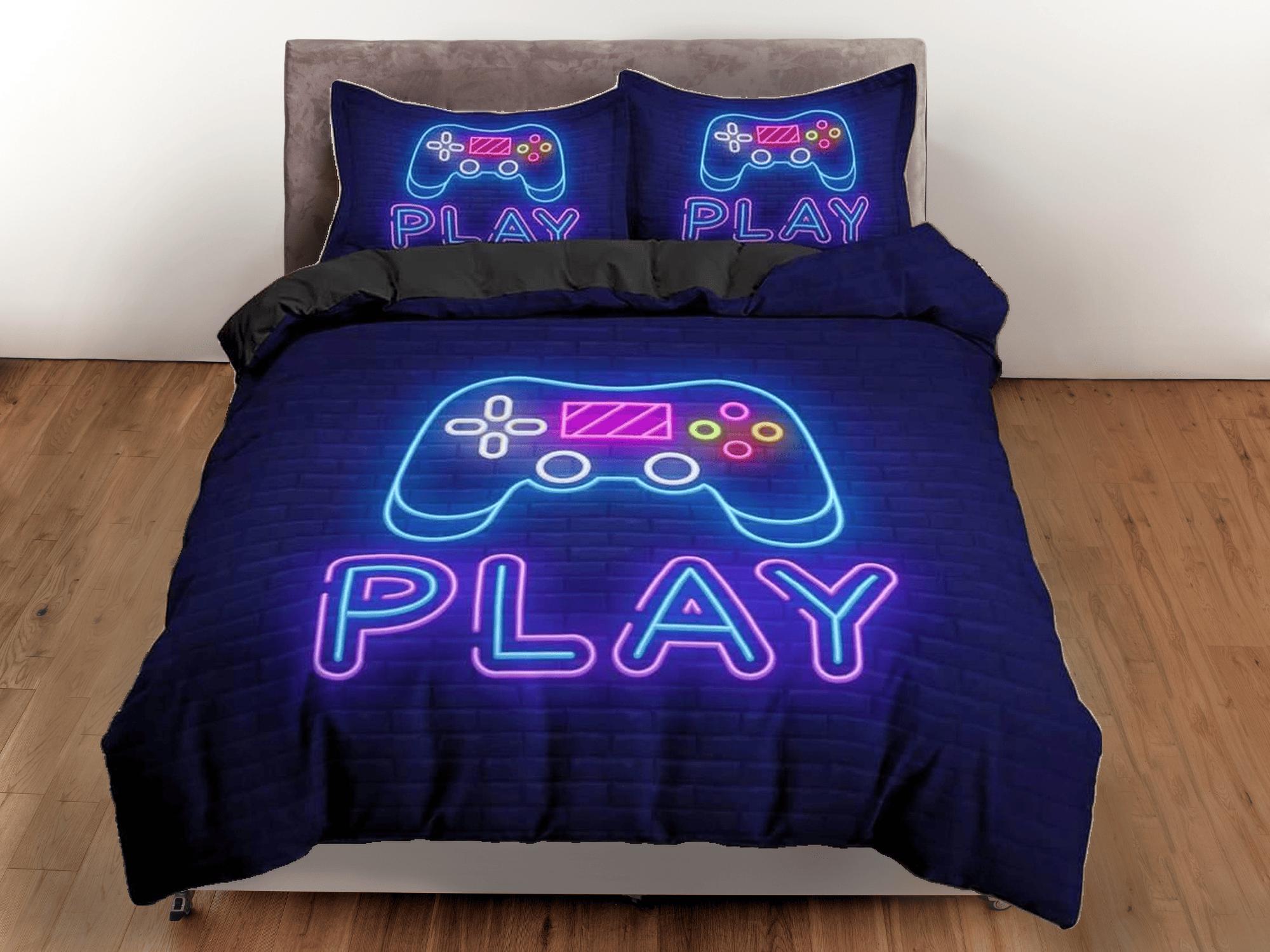 daintyduvet Neon lights play gamer bedding duvet cover, video gamer boyfriend gift bedding set full king queen twin, boys bedroom, college dorm bedding