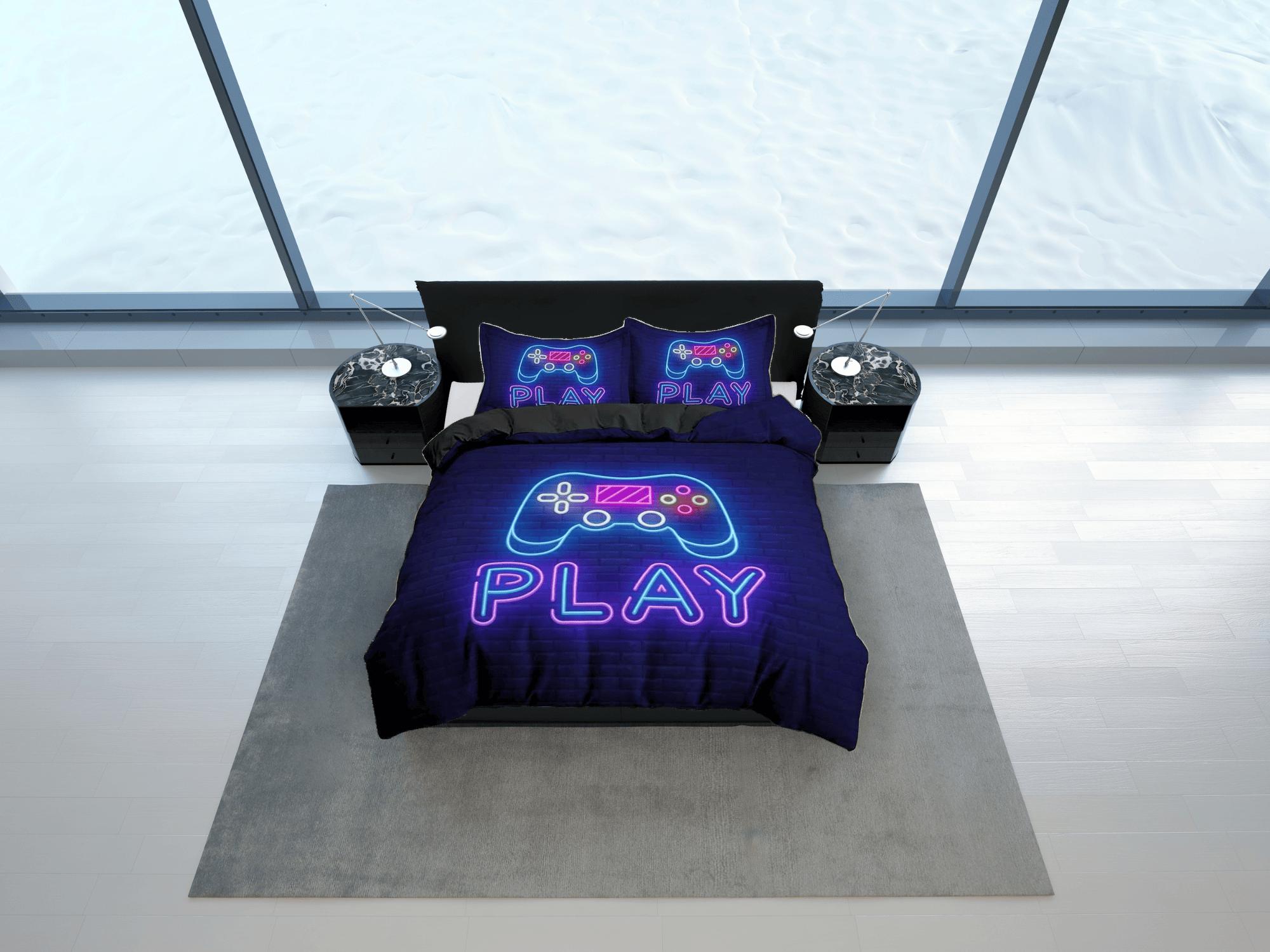 daintyduvet Neon lights play gamer bedding duvet cover, video gamer boyfriend gift bedding set full king queen twin, boys bedroom, college dorm bedding