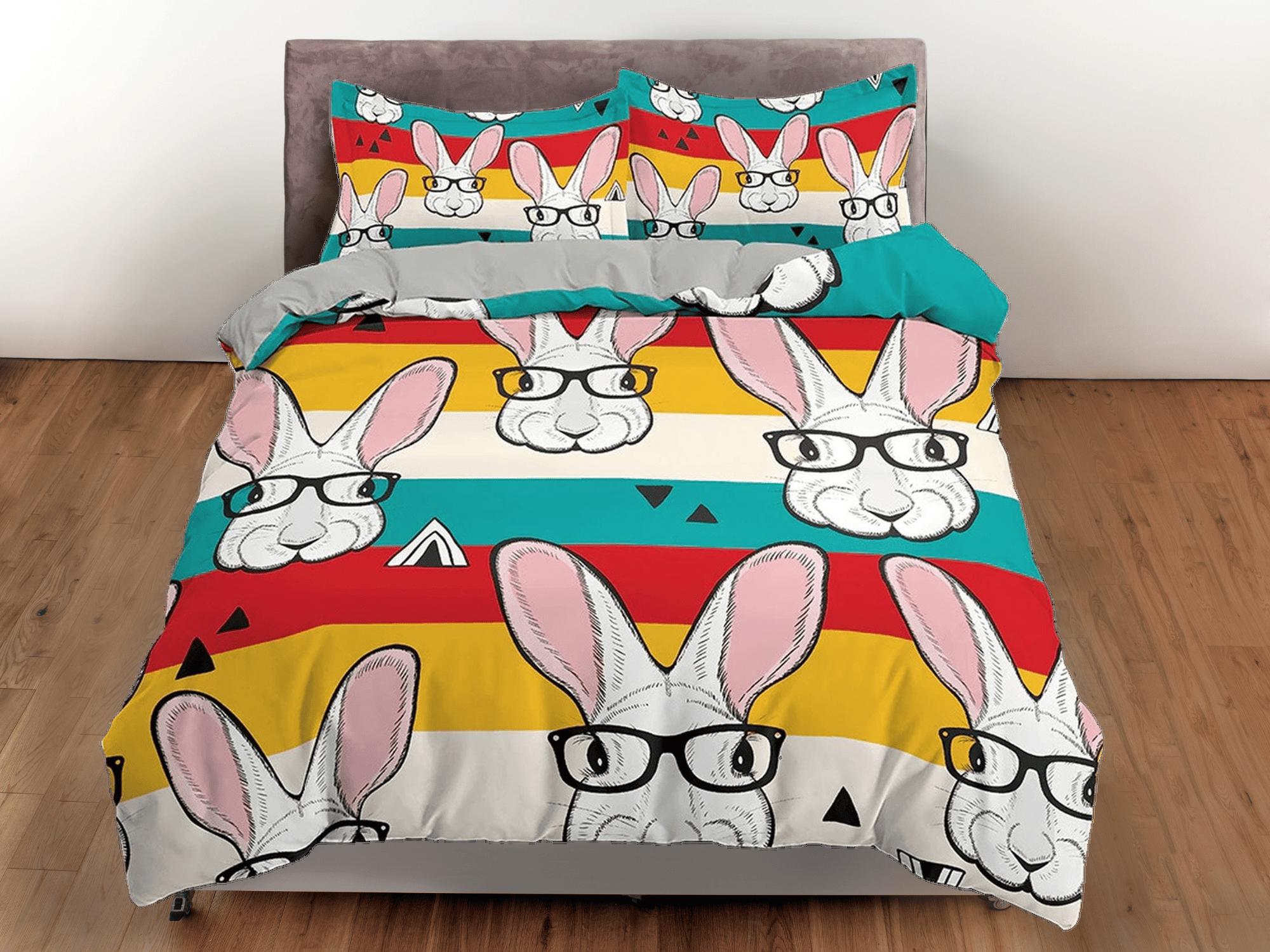 daintyduvet Nerdy Rabbit Colorful Bedding, Duvet Cover Set & Pillowcase, Zipper Bedding, Dorm Bedding, Teens Adult Duvet King Queen Full Twin Single