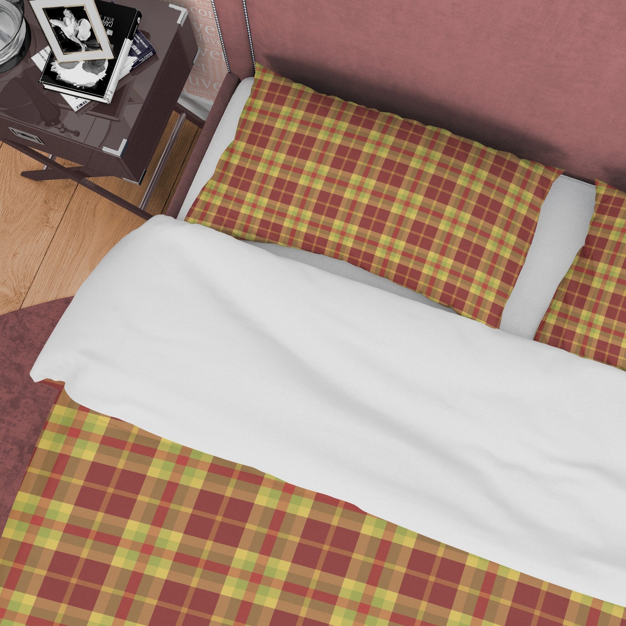 Nude Color Plaid Bedding Checkered Cotton Duvet Cover, Modern Farmhouse Rustic Bedroom Set, Brown Yellow Blanket Cover Tartan Quilt Cover