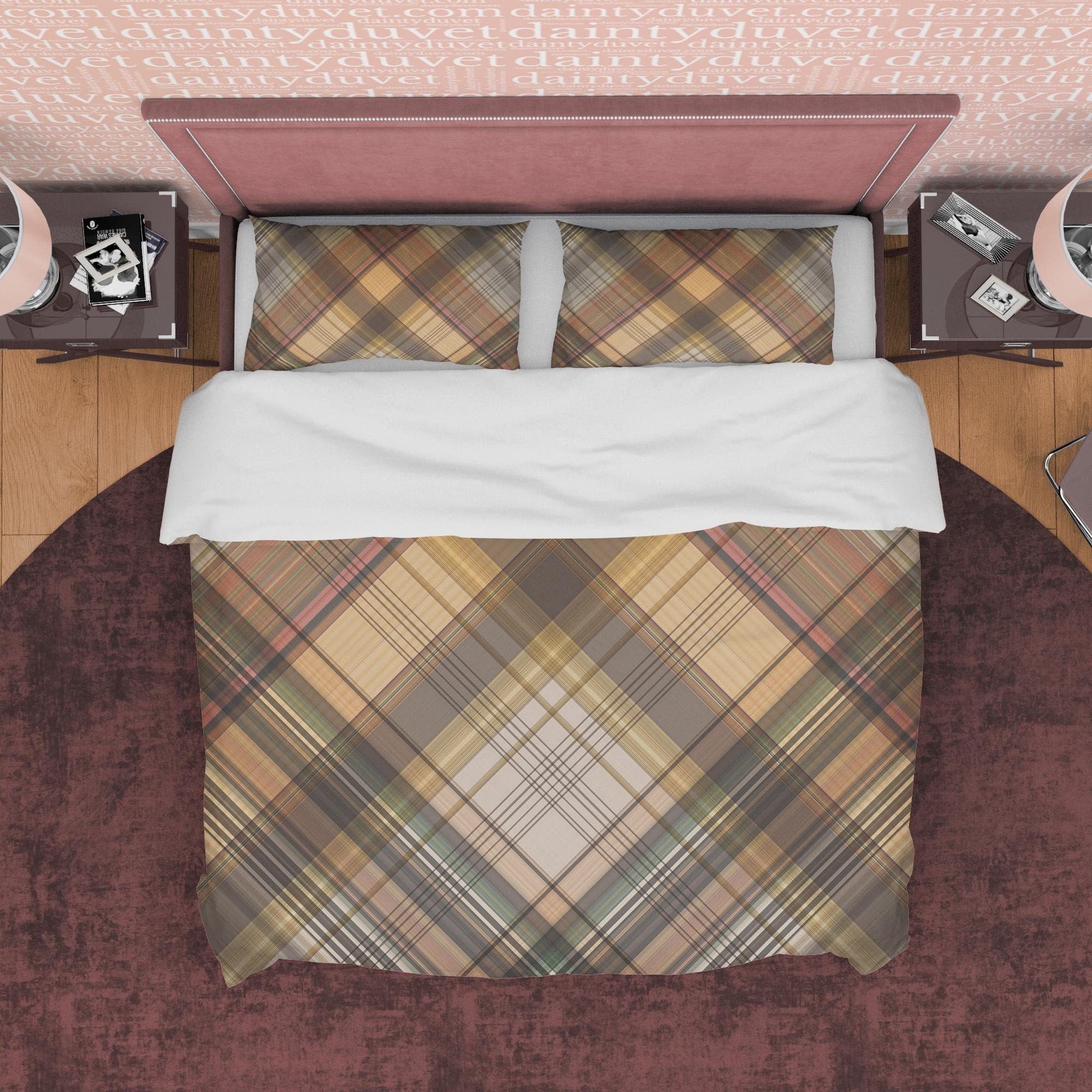 Nude Color Plaid Duvet Cover Checkered Geometric Bedding, Modern Farmh