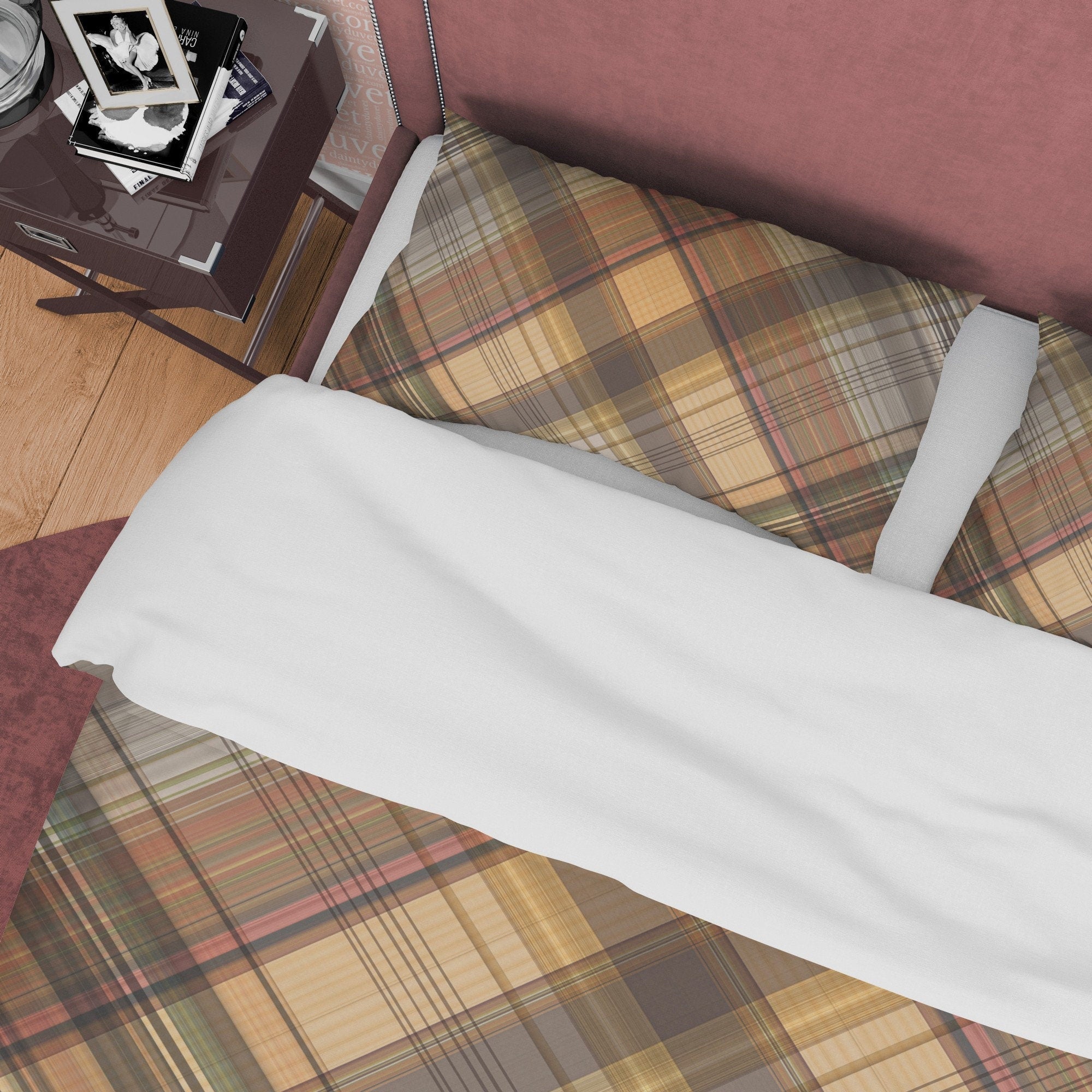 Nude Color Plaid Duvet Cover Checkered Geometric Bedding, Modern Farmhouse Rustic Bedroom Set, Tartan Quilt Cover, Brown Gray Blanket Cover