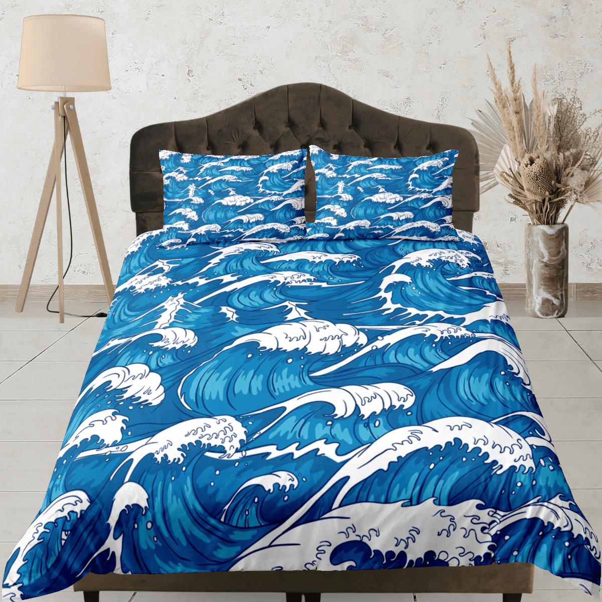 daintyduvet Ocean waves oriental bedding, cool bedding set, japanese blue duvet cover set for king, queen, full, twin, single, toddler bed, aesthetic