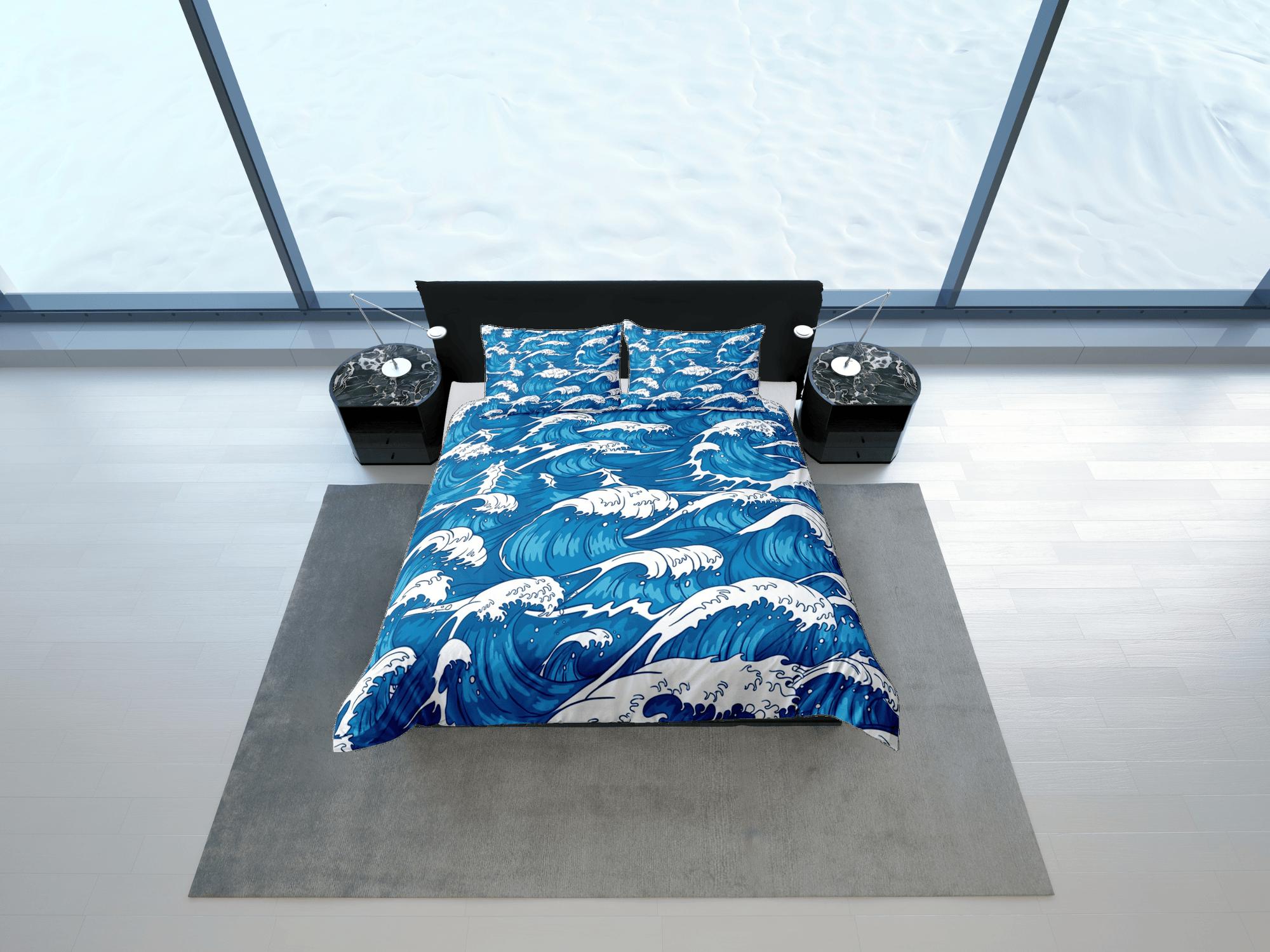 daintyduvet Ocean waves oriental bedding, cool bedding set, japanese blue duvet cover set for king, queen, full, twin, single, toddler bed, aesthetic